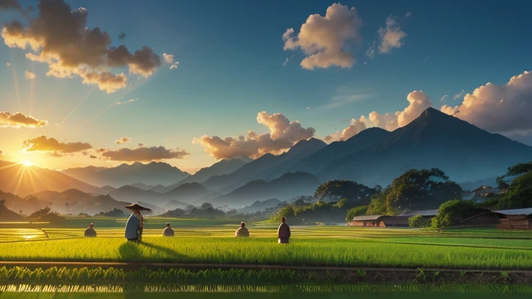 Generate an image of a lush green rice paddy with clear blue skies overhead, surrounded by a range of mountains in the background. The sun is beginning to set, casting a warm golden light over the scene. In the foreground, farmers in traditional clothing can be seen tending to the rice plants, creating a peaceful and idyllic atmosphere.