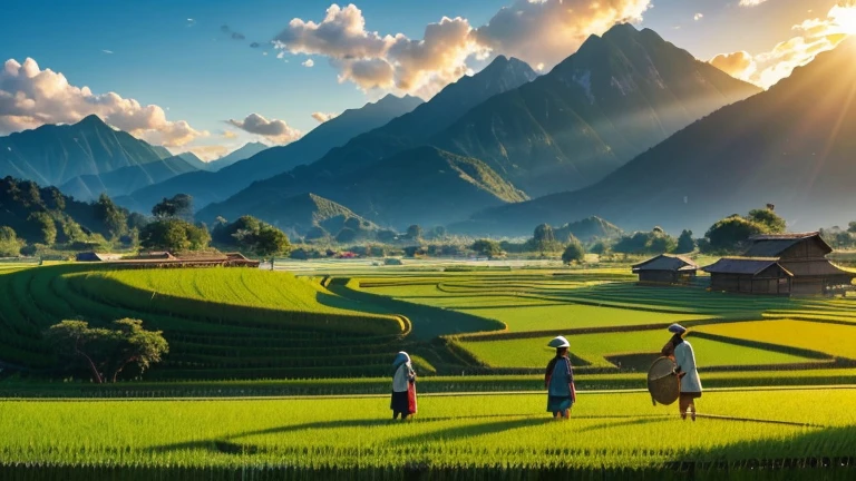 Generate an image of a lush green rice paddy with clear blue skies overhead, surrounded by a range of mountains in the background. The sun is beginning to set, casting a warm golden light over the scene. In the foreground, farmers in traditional clothing can be seen tending to the rice plants, creating a peaceful and idyllic atmosphere.