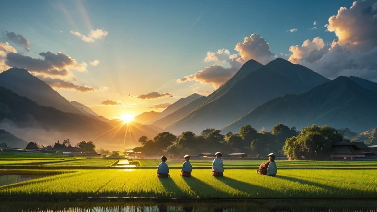 Generate an image of a lush green rice paddy with clear blue skies overhead, surrounded by a range of mountains in the background. The sun is beginning to set, casting a warm golden light over the scene. In the foreground, farmers in traditional clothing can be seen tending to the rice plants, creating a peaceful and idyllic atmosphere.