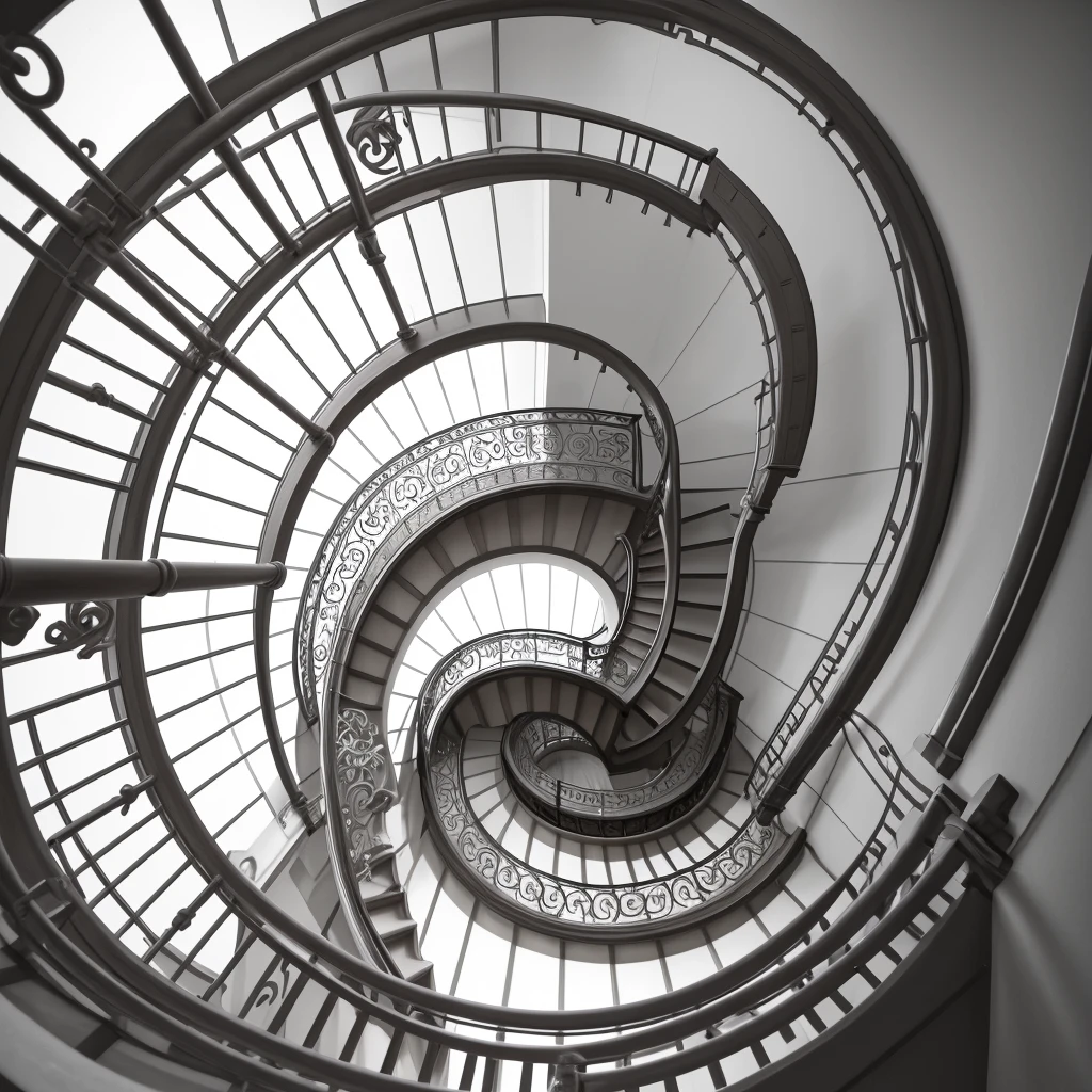 Looking up the spiral staircase from below,