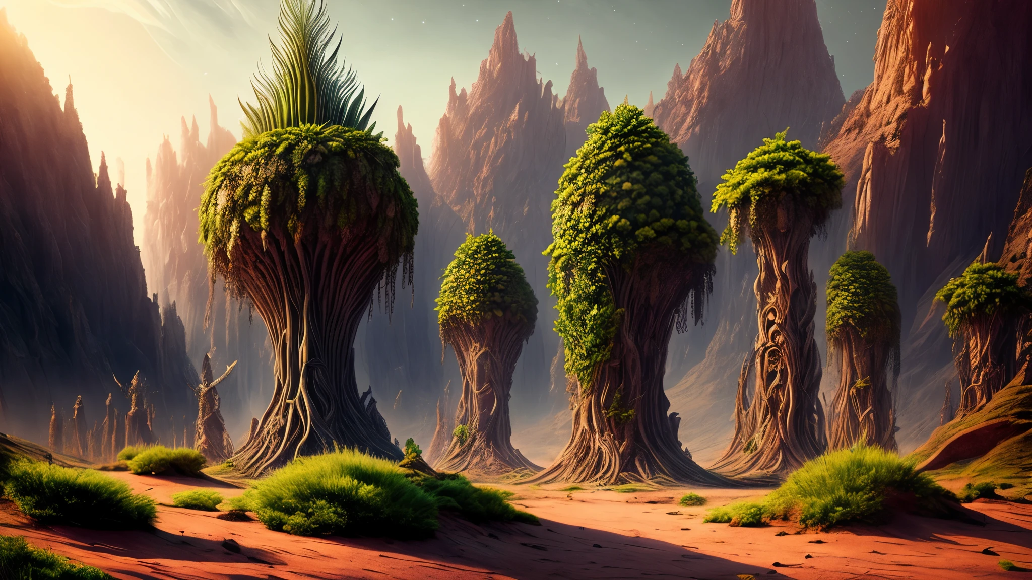 Humans in period costumes,alien worlds,Alien plants,alien monster,an alien landscape
