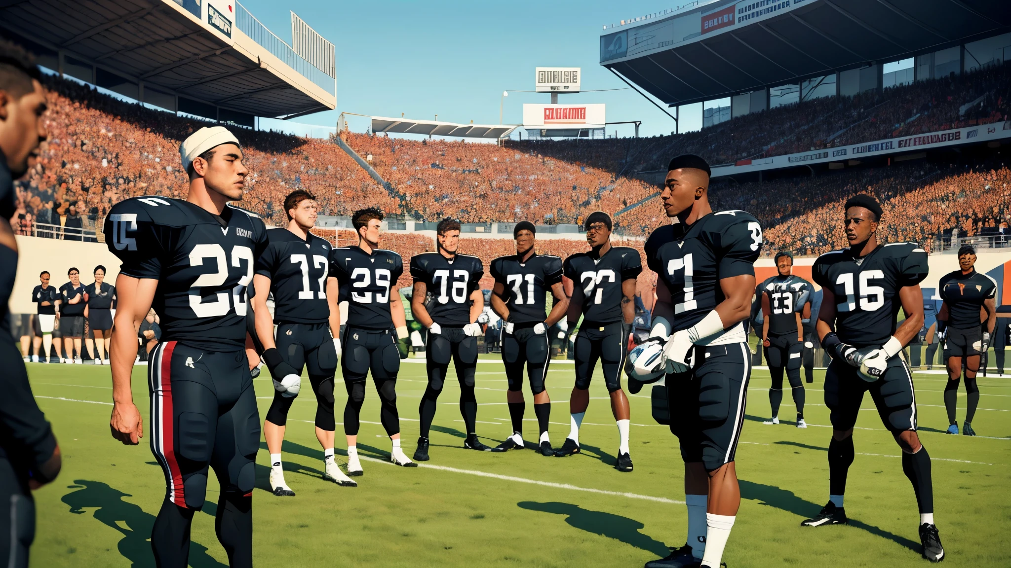 Standing still and paying respect before the game, high details for each player, (group of young men: white and black boys, going to play football:1.1, comic style, vibrant, full color:1.1,ultra high quality, joyful atmosphere)