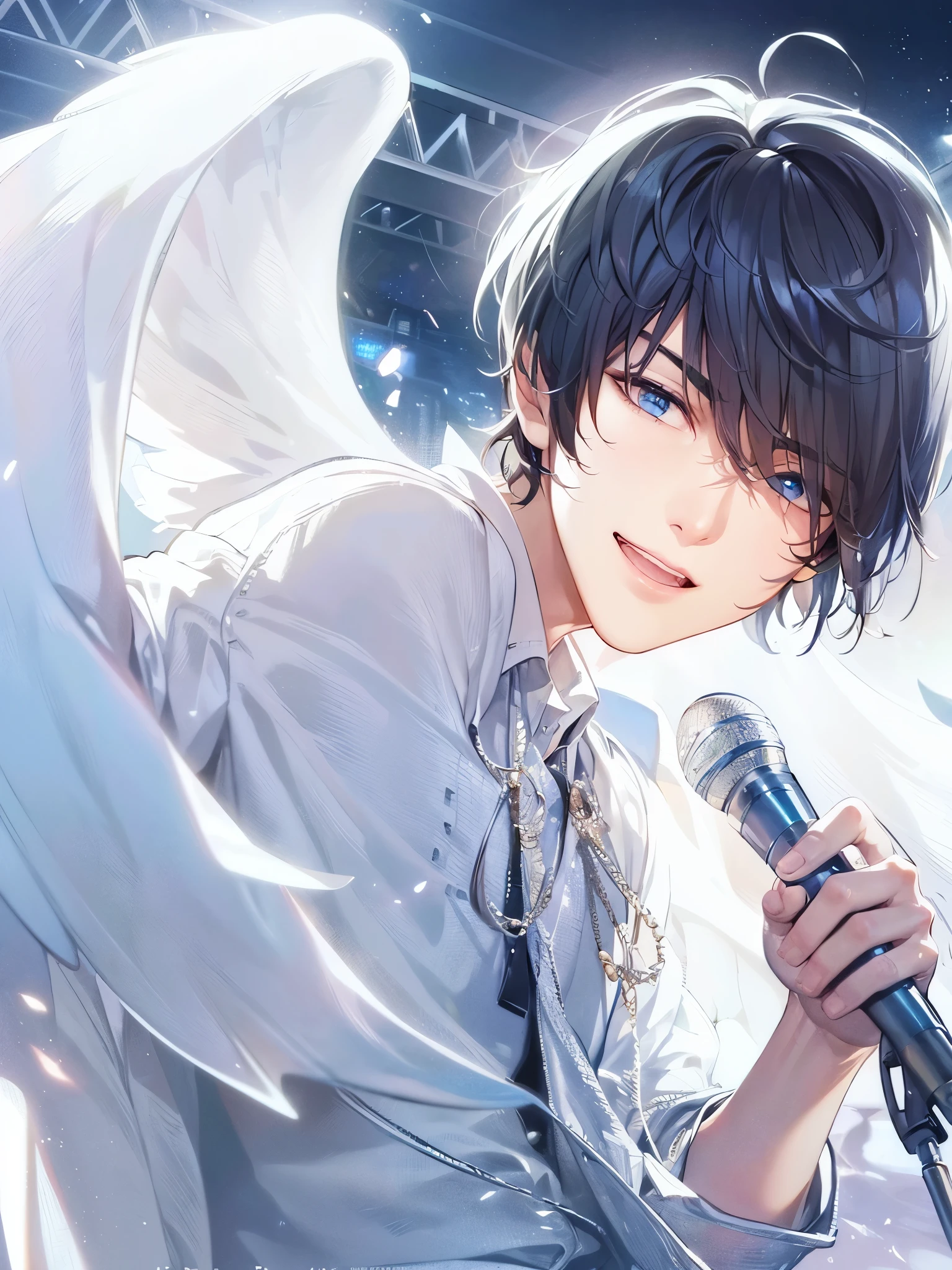 a handsome guy、serious expression、please close your mouth、Angel's wing、Holding a microphone and singing、Highly Detailed CG Unity 8K Wallpaper, (super masterpiece, beautiful person, well detailed face polluted smile, It's photorealistic, hyper realistic)