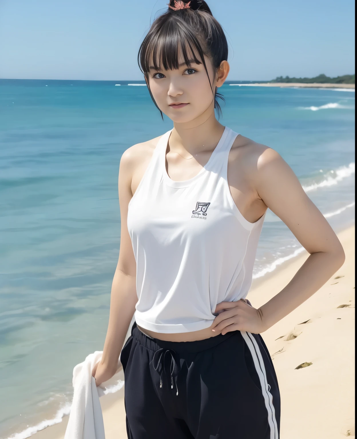 Raising legs running Maki Horikita Beautiful girl Junior high school student Angry face Cold expression Scary eyes Shocked expression High school student Brown hair Athletics Hands Short height Small breasts Short hair White tank top Beautiful legs Navel exposed White beach and sea Very messy hair Strong wind