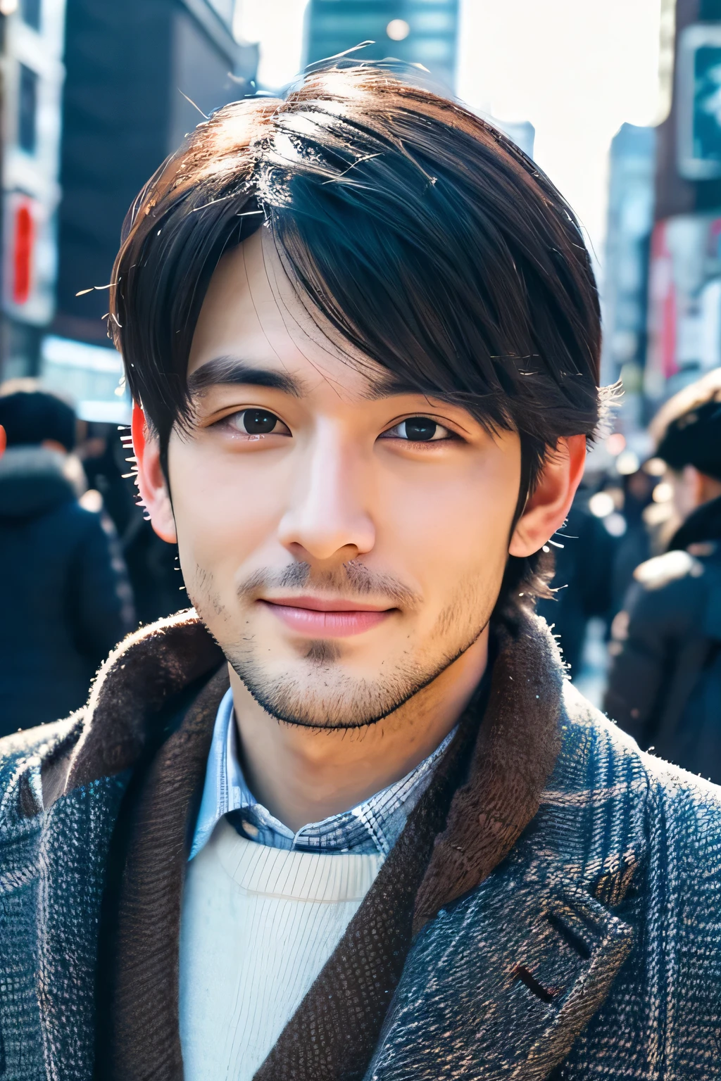 realism, 8K full body portrait, a handsome guy, A 25-year-old man, charming expression, Detailed facial details, Eight cities in Tokyo, Winters, Shibuya background