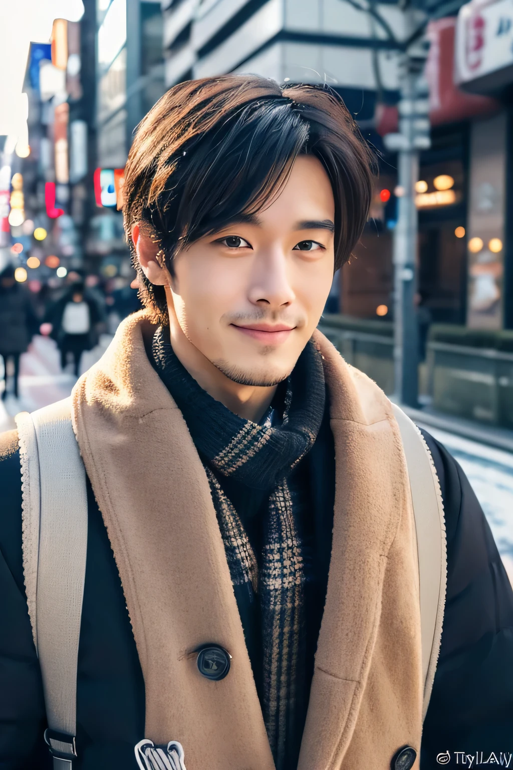 realism, 8K full body portrait, a handsome guy, A 25-year-old man, charming expression, Detailed facial details, Eight cities in Tokyo, Winters, Shibuya background