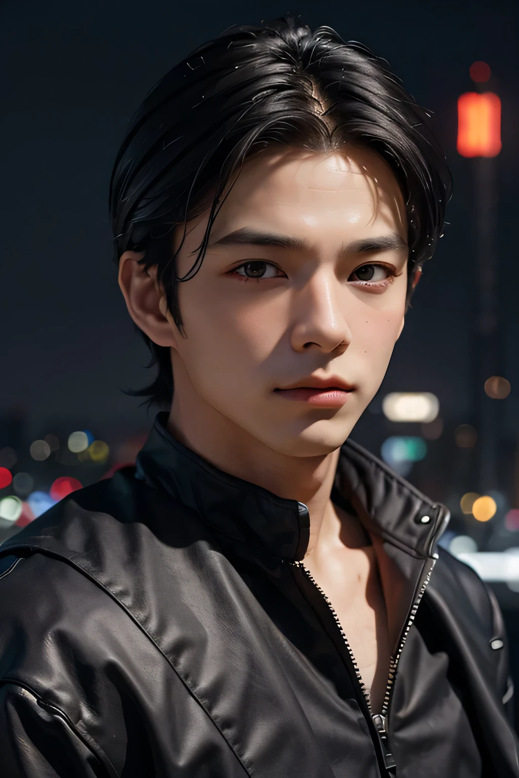 best quality, masterpiece, ultra high resolution, (lifelike:1.4), original photo, young handsome male, black hair, (night city background:1.2)