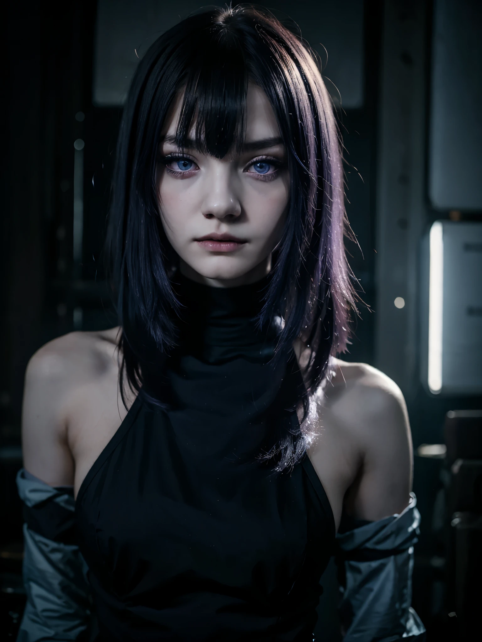 A 18 years old girl with pale skin and long straight indigo colour hime haircut and indigo eyes , with an grumpy expression. wearing the goth style, with a more elegant and cold something that matches her mysterious and strong personality. Overall, her appearance would be striking, attracting curious and intrigued looks. Medium chested, cinematic lighting, chromatic aberration, backlighting, masterpiece, high details, high quality, 4K.
