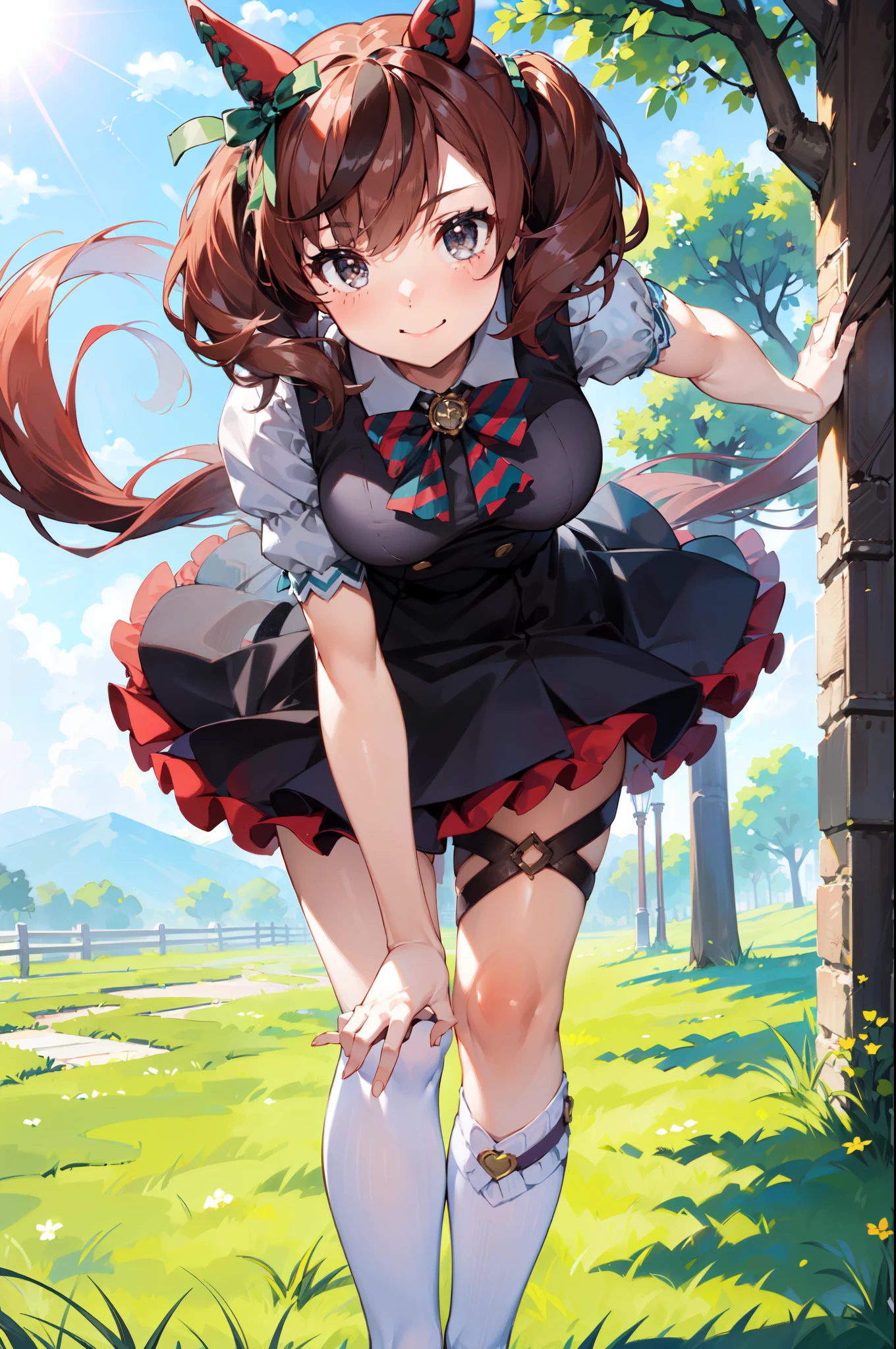 masterpiece, ((((1girl)))), ((dress)), (normal skirt), best quality, ((skirt)), lean forward, (((leaning forward))), sunlight, background grass, detailed, detailed shadow, dress, running, medium breasts, light smile, hair ornament, ((((nicenature))),