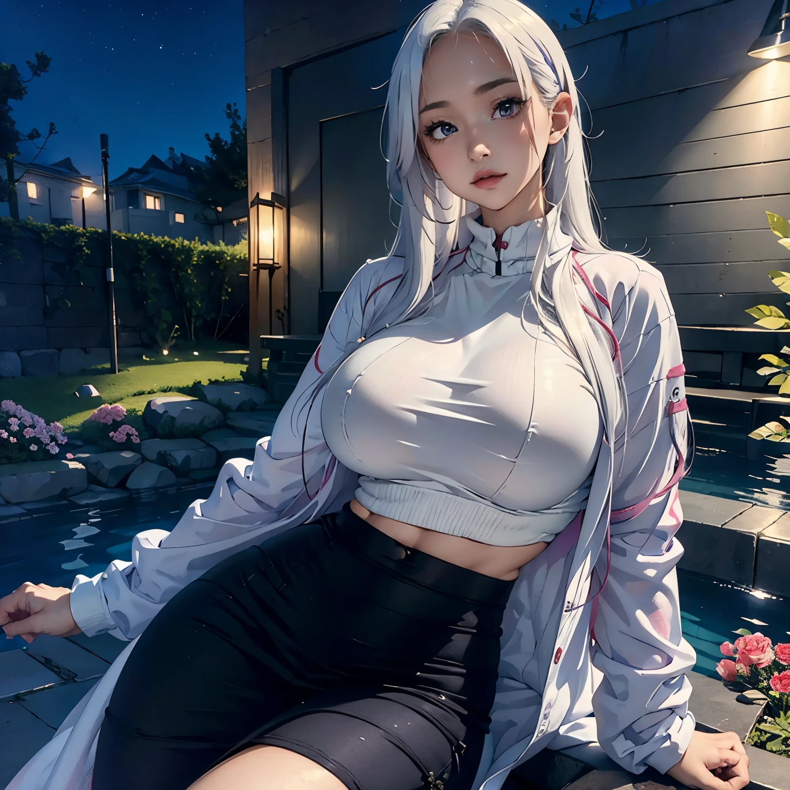 realistic, 1girl, white hair, purple eyes, glowing eyes, crop top, skirt, parted lips, blush, night, flowers, sun, sunlight,