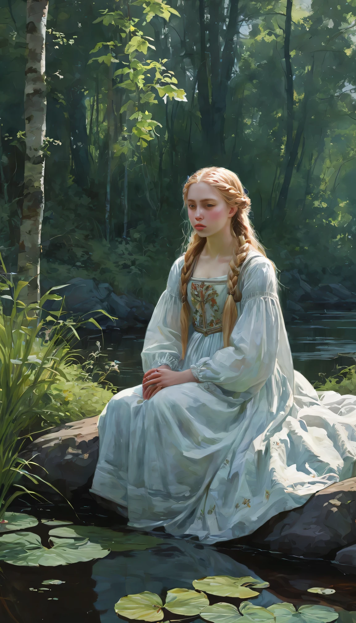 unearthly fantasy concept art of (watercolor:1.4) 13th century, beautiful ink drawing, painting by Viktor Vasnetsov 1881, Russian sad girl, 12 years, blond hair, thick long braid of hair, in a bright Russian national costume, in Khokhloma, sitting on a black stone on the bank of an overgrown stream, view of the shore from the pond, background: birch forest with bushes, lilies, already, sedge, full length, aesthetic, amazing, Beautiful, very high resolution, ModelShooting style, (чрезвычайно подробные обои CG Unity 8k), professional majestic oil painting by Ed Blinkey, Atey Gaylan, Studio Ghibli, Jeremy Mann, Greg Munchess, Antonio Moro, trending on ArtStation, trends on CGSociety, difficult, High detail, sharp focus, dramatic, Photorealistic painting by Midjorney and Greg Rutkowski . Fabulous, heavenly, unearthly, picturesque, epic, majestic, magic, fantasy art, cover, dreamy