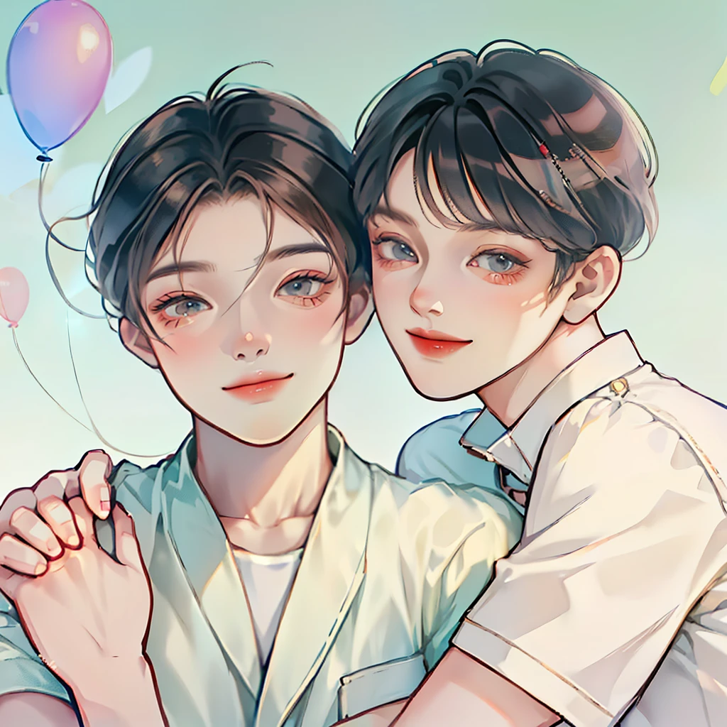 two men;two men,A boy with short hair,the two held hands,snuggle together;;happy sweet expression, big smile,; balloon in hand; no background;; short, full body photo; anatomical realism, very detailed, high quality texture
