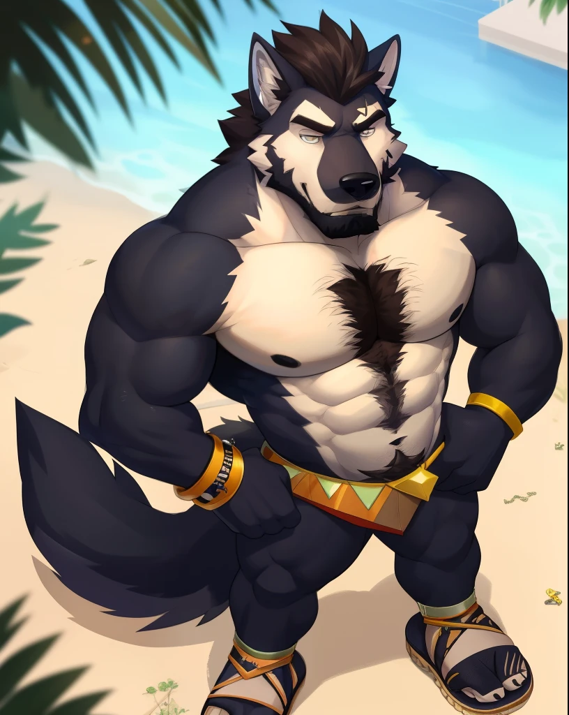 1boy, abs, bara, bare_pectorals, bare_shoulders, black_hair, body_hair, brown_hair, chest_hair, clothing_cutout, cuffs, dark-skinned_male, facial_hair, handcuffs, jewelry, large_pectorals, long_sideburns, male_focus, mature_male, medium_hair, muscular, muscular_male, navel,, pectorals, short_hair, sideburns, solo, stomach, stubble, thick_thighs, thigh_cutout, thighs, tight, watch, STARRYSTRRY LIGHTNIGHTCOLORFULCLOUDSTAR \(SKY\), eyesgod, niji, ((wolf, full body, sandals, high angle))