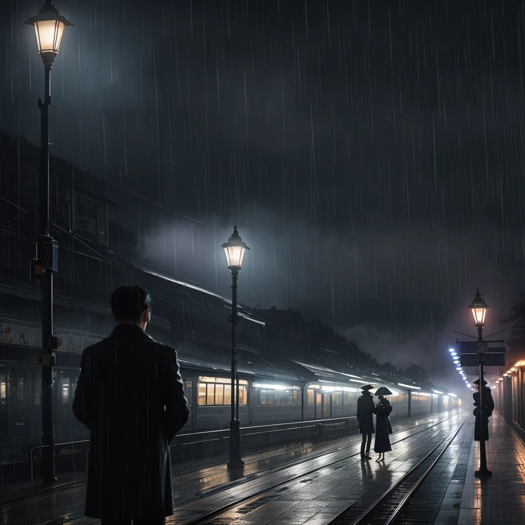 Train platform on rainy night, sad farewell of man and woman, umbrella, coat, night fog, lighting from one point, detail image.