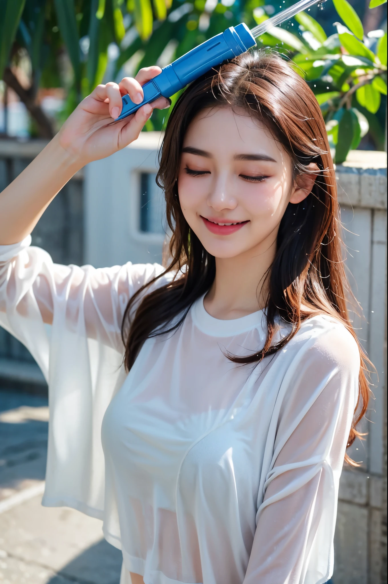 masterpiece, best quality, extremely detailed, hyperrealistic, photorealistic, a beautiful girl, street:1.3, water splash:1.3, wet clothes:1.1, wet hair:1.3, wet body, ultra detailed face, white tops, closed eyes, happy smile, water gun, songkran