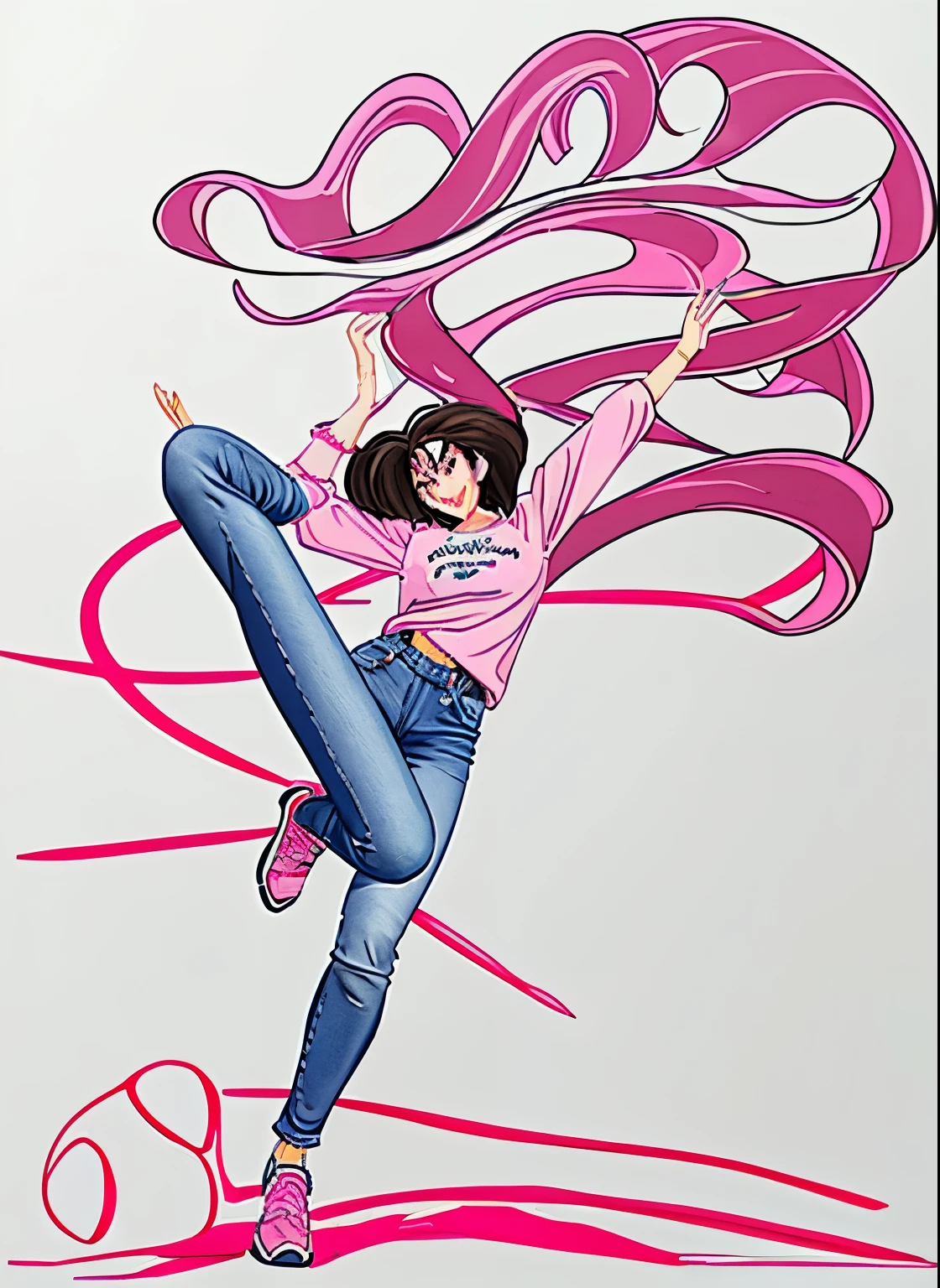 full body figure painting、clean anime outlines、best quality face、Top quality eyes、Smile、Pink shirt、jeans、sports shoes、underwear、