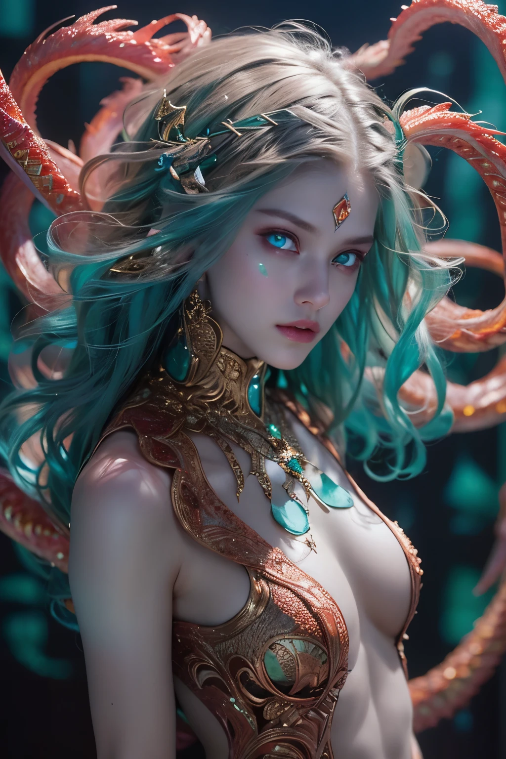 (1 female medusa-like mutant: 1.2), With a beautiful, enchanting face, this alien seduces us with her allure. Her captivating red eyes gleam brightly, reminiscent of burning embers. Her full body is unlike any human's, boasting a sexy, otherworldly form. No humans are present in this scene as she stands alone, her cells fused in a unique and intriguing extraterrestrial way.
(extraordinary beautiful nude photo:1.4), (glowing Chrysocolla eyes:1.5), (sexy and glamorous:1.1), (coquettish expression:1.2), toned lean body, (muscular:1.2), (beautiful abs:1.5), beautiful nipples, She has lots of iridescent translucent tentacles instead of her hair, pale skin, (white skin with prominent veins:1.3), moist skin,
Lots of iridescent translucent tentacles adorn her body, shimmering under the dramatic lighting. Her pale skin, with a hint of translucency, adds to her ethereal allure. This masterpiece, rendered in