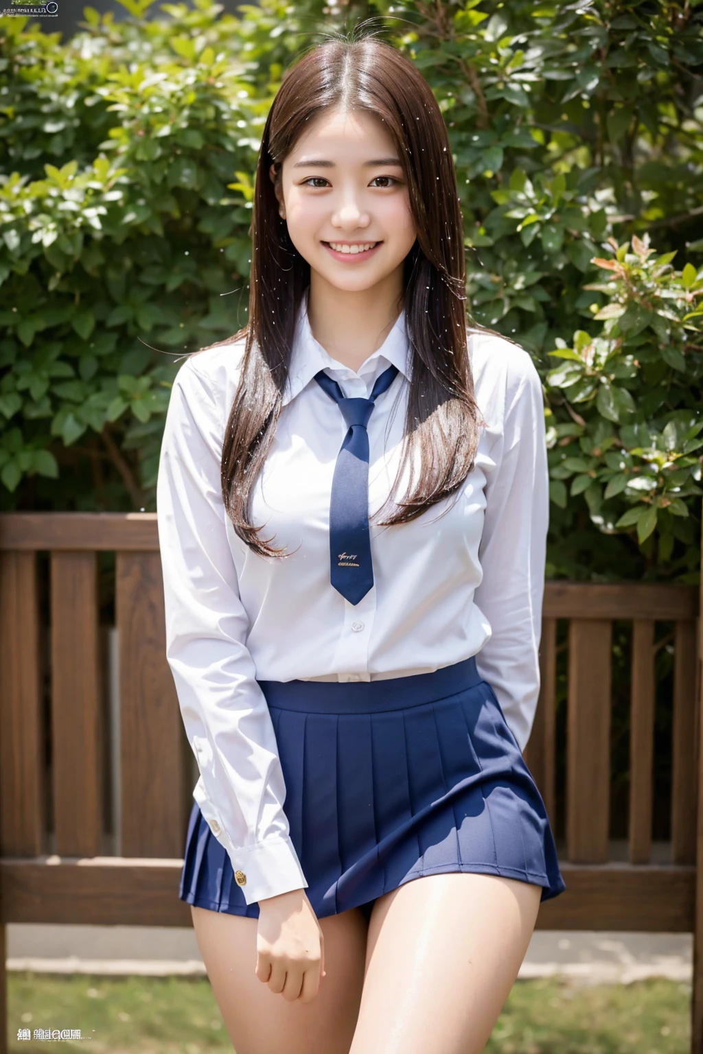 (8k), (highest quality: 1.2), (realistic), (realistic: 1.37), ultra high resolution, 1 girl, cute, smile, closed mouth, beautiful details, beautiful nose, whole body, wet hair, giant dulcefo, pork, school uniform, thighs