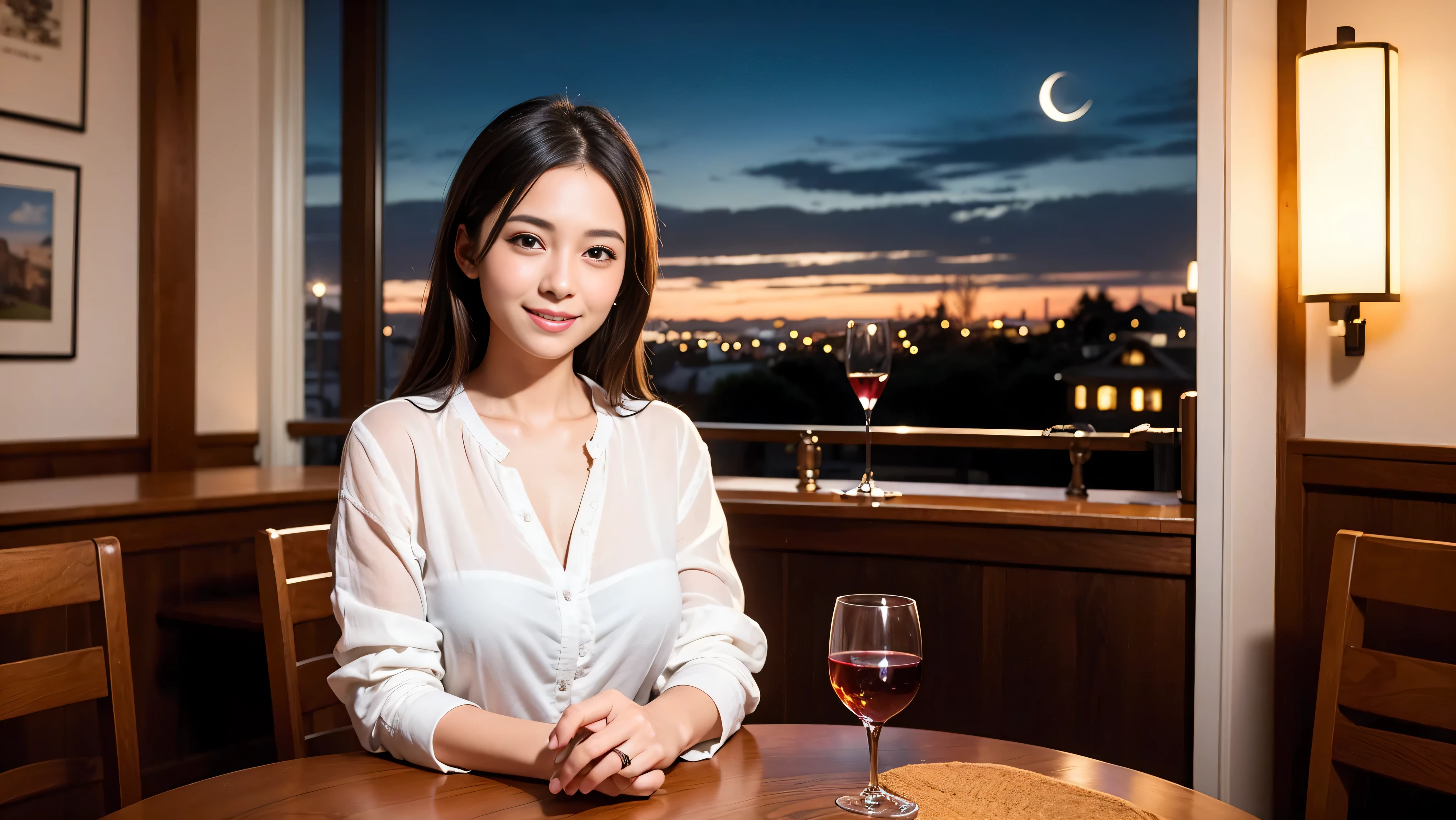 (including 64k, nffsw, highest quality, table top: 1.2), (realistic, photorealistic: 1.37), Spectacular view of the sunset sky and clouds、Amazing mountain views、long sleeve shirt、winter fashion、Columbia、Brazilian、Japanese、Dutch、German、Portuguese、Belgian、Italian、French,Champagne、sparkling wine、 (slimフェイス), (slimボティ), (brown hair), (shortcut), neat beauty、cheeks turn a little red, (35 years old), 38 years old, alone, 窓の外には美しく緻密なnight景が広がります., restaurant, wine glassが座っている, nightに, in a prominent place (from the Upper body) nova frog style, actress, model, Upper body, White wine, slim, wine glass, Super Clean night View, wine glass Put in the Middle, Happy smile, (smile: 1.15), beautiful and detailed eyes, Upper body, bust japan up, night, short, short, actress, model, Upper body, White wine, slim, wine glass, Super Clean night View, wine glass Put in the Middle, Happy smile,