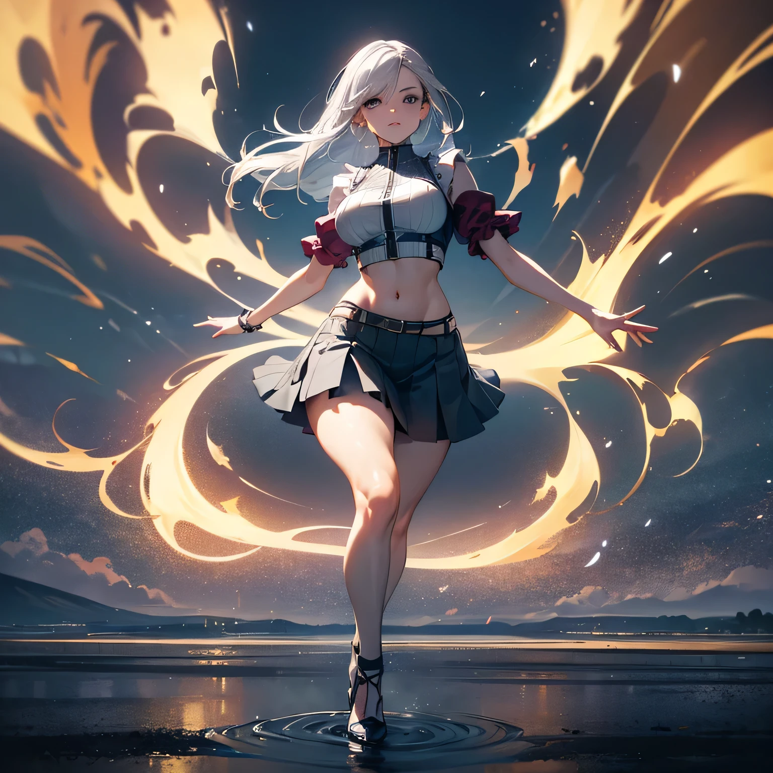 Photorealistic full-body portrait of a 30-year-old, curvaceous woman, a candid shot. The woman is fashionable, American, with athletic physique. Tasteful natural makeup. Long silver hair blowing in the wind. Colorful clothes. Haute couture. Short skirt, fabulous shoes. High-waisted. ???? sleeves. Punk vest, shoulderless. Playful expression. Winsome, goofy attitude. Defiant, masculine pose. Blank background. Ultra realistic, 8k HD, super detailed, ultra depth of field, dramatic lighting, cinematic lighting, (aesthetic body) ((Ultra Long Exposure Photography)) high quality, highly detailed, ultra detailed,