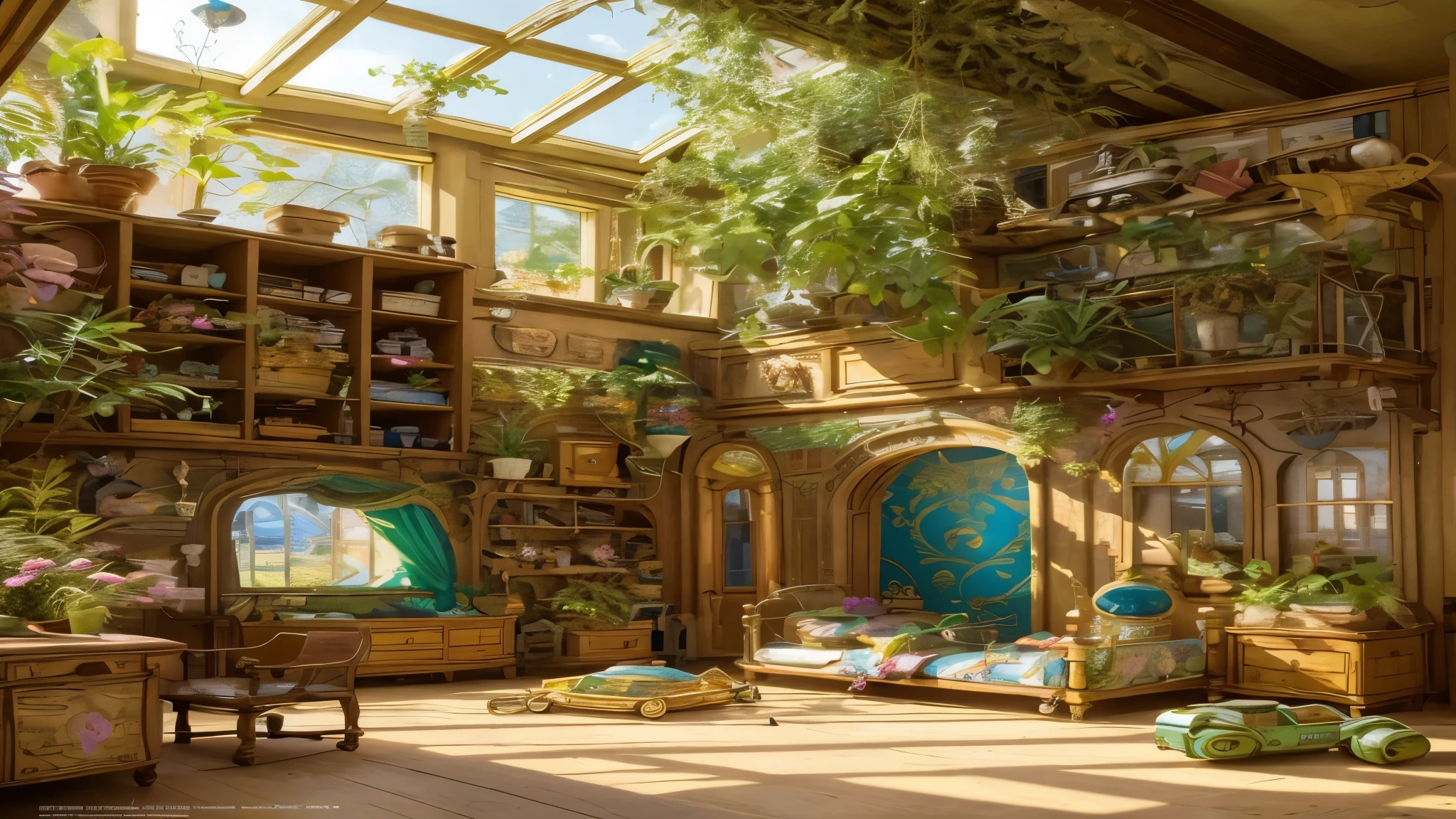 Architectural Digest Photos {Vaporwave/steampunk/solar punk} (( room)) green, There are many children&#39;s toys, with the doll, with big bed, with flowers and plants, golden light, surreal surrealism, Award-winning masterpiece with amazing details, breathtakingly spectacular