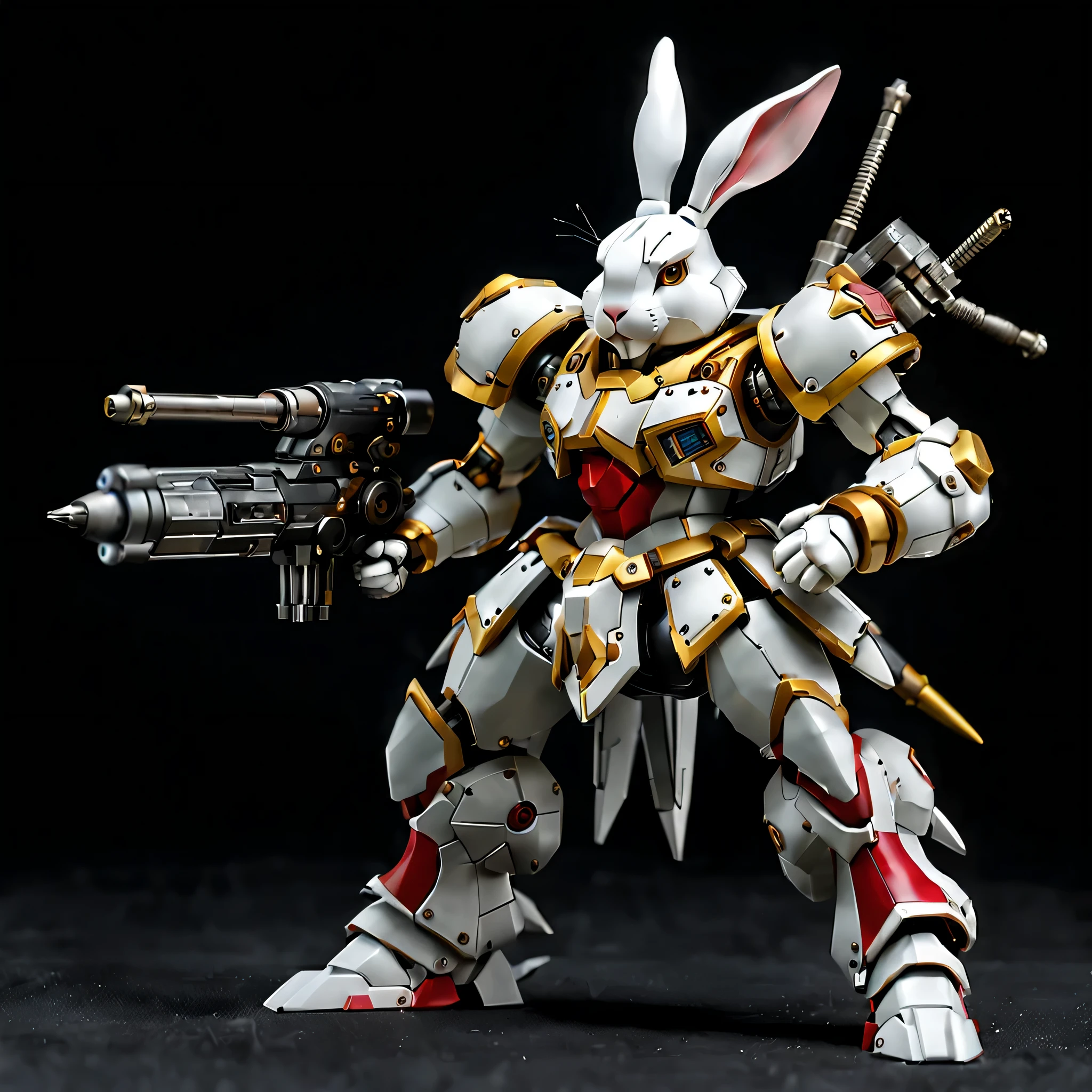Personification is correct，full view, Pure black background, A white and yellow mecha rabbit stands on the ground in a fighting posture, It has a head shaped like a mechanical rabbit and a body composed of ultra-precision mechanical parts., Electronic Component, and metal armor. (Well-designed, high detail, masterpiece, best quality, ultra high definition, Sharpen details, metallic feel)