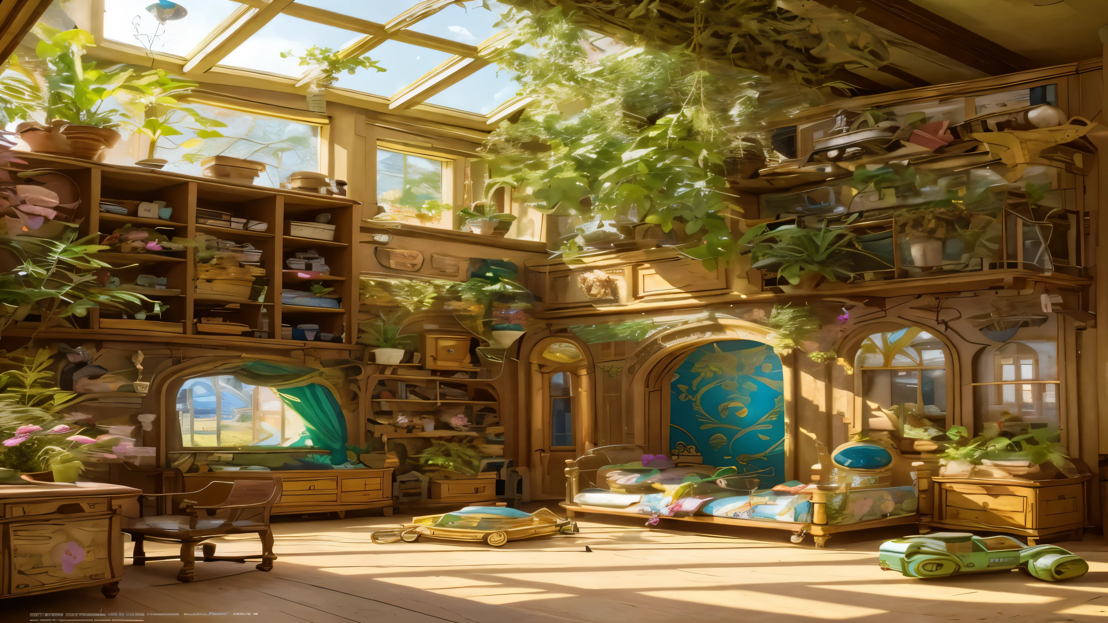 Architectural Digest Photo {Vaporwave/steampunk/solar punk} (( room)) green, many children&#39;toys, with the doll, with big bed, with flowers and plants, golden light, surrealism, Award-winning masterpiece with amazing details, breathtakingly spectacular