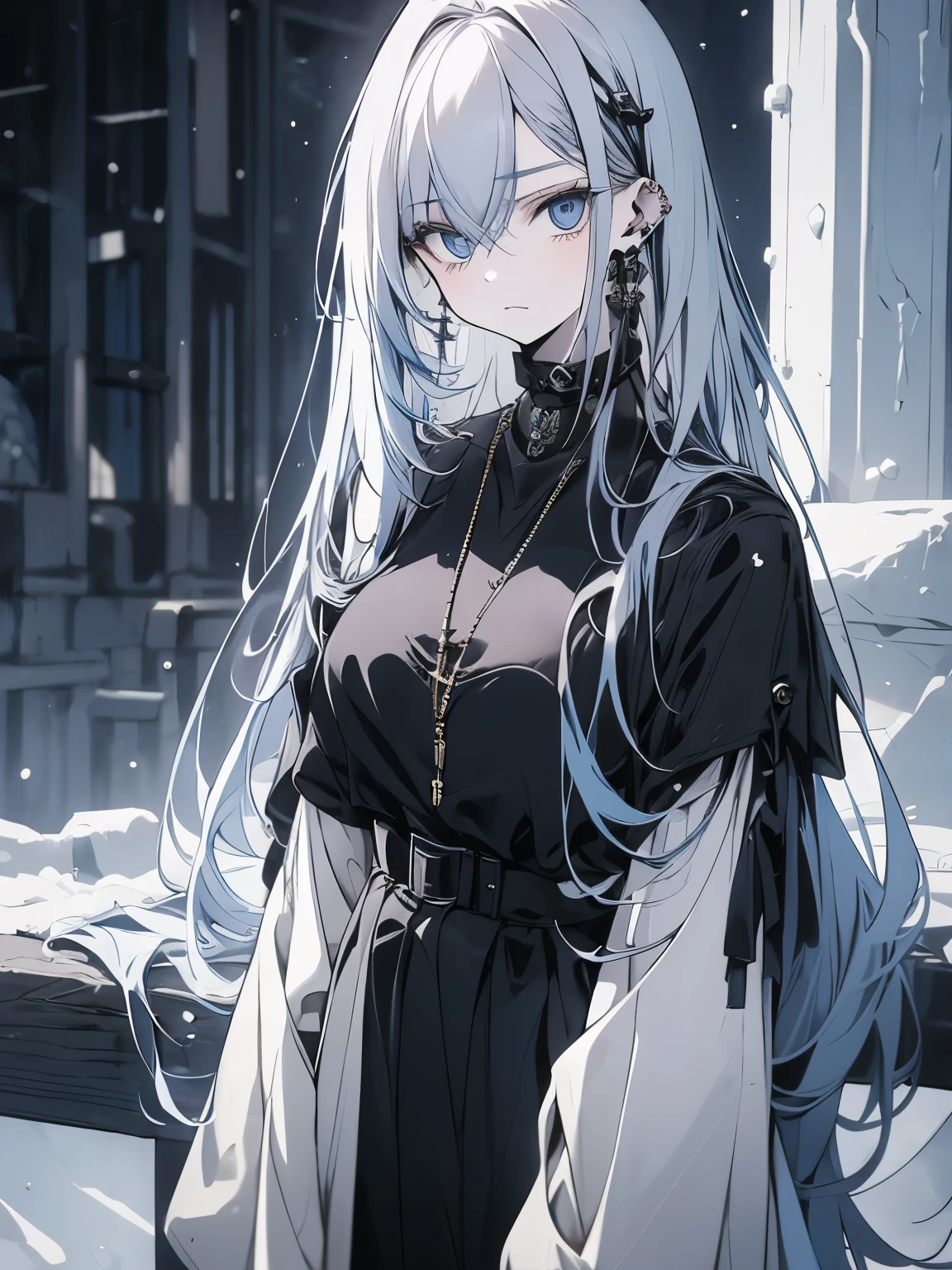 A 18 years old girl with pale skin and long straight indigo colour hair and indigo eye colour, with an grumpy expression. wearing the goth style, with a more elegant and cold something that matches her mysterious and strong personality. Overall, her appearance would be striking, attracting curious and intrigued looks. medium chested