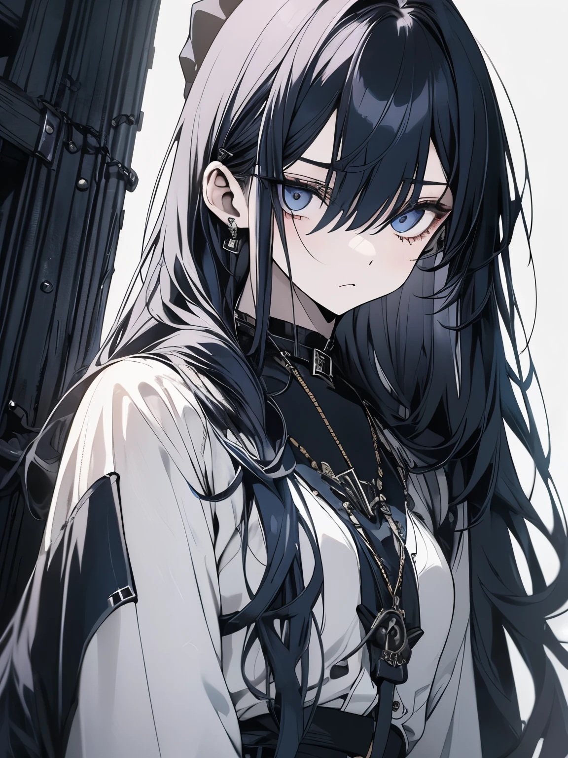 A 18 years old girl with pale skin and long straight indigo colour hair and indigo eye colour, with an grumpy expression. wearing the goth style, with a more elegant and cold something that matches her mysterious and strong personality. Overall, her appearance would be striking, attracting curious and intrigued looks. medium chested