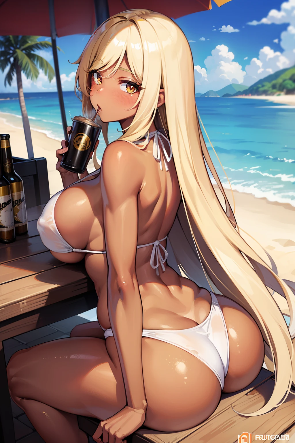 masterpiece), best quality, expressive eyes, perfect face, Best quality, massive breasts, massive ass, very curvy, brown skin, long blond hair, yellow eyes , sluty, slutty gyaru, drunk, drinking beer, drinking beer can, drinking beer on table, drinking beer, holding beer can, berr can, beach house, beach house, white bikini, brown skin, tan, darknskin, tan , darkskin, brown skin, sex,