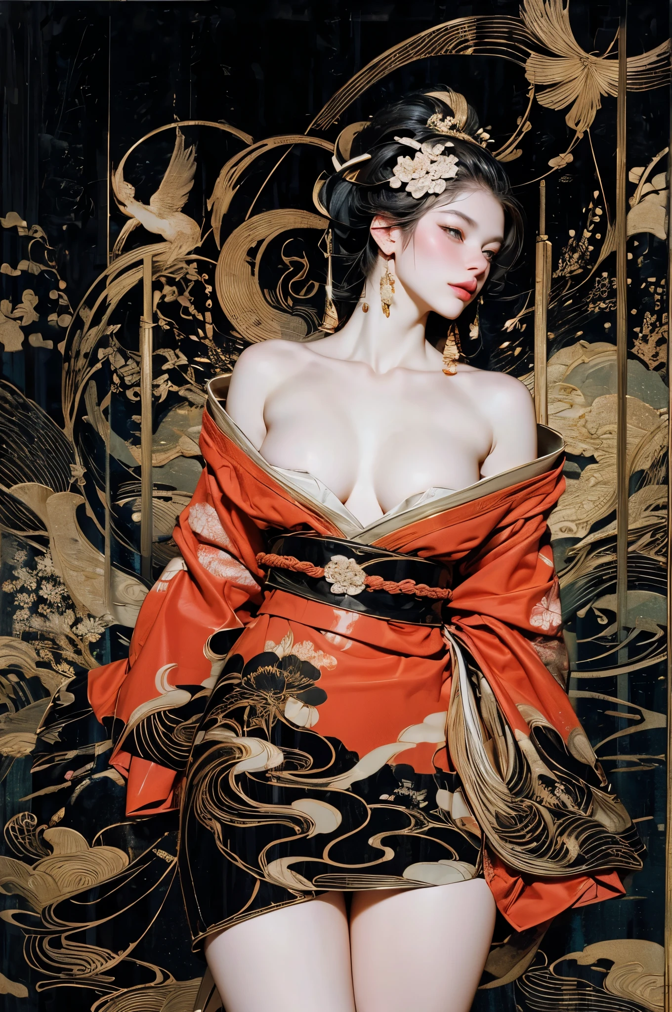 Umalinda warrior sexy, pretty face, Delicious Company, Alluring figure, Wearing a sexy open kimono. The artwork is created in a medium reminiscent of Japanese ink paintings....., 具有大胆的笔触和Monochromatic color palette. artist'Masterful technique reveals the intensity and power of the image'sense of presence,with the highest quality, Perfectly capture every detail with ultra-high resolution. Textures and intricate patterns on kimonos are rendered with extreme precision. Lighting is carefully designed,Enhance drama, Features deep shadows and subtle highlights. General, The artwork exudes elegance and power, Combining traditional Japanese aesthetics with a modern feel. Monochromatic color palette, Combine details, Create captivating and immersive experiences for your audience.