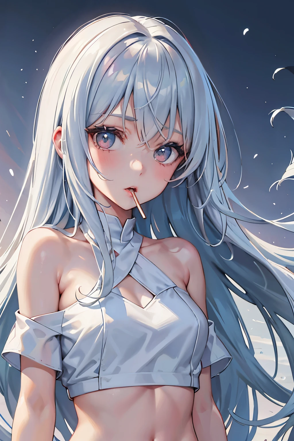 naked girl Official art, Unity 8k Wallpapers, ultra-detailliert, Beautifully Aesthetic, ​masterpiece, top-quality, realisitic, a closeup, Skindentation, interface, A detailed eye, A detailed face, detailed hairs, black backgrounds, straight-on, looking at the viewers, The sheen, Anime, looking at viewer with a cigarette in her mouth, highly detailed naked girl, Long RGB hair, 1girl in, Solo, fronds, Long hair, Blurry, Shirt,  Parted lips, Outdoors, Floating hair, ,naked girl, Upper body, Open mouth,, Brown eyes, Wind, Winters，Yuki，snowscape，Blurry background, day, depth of fields, bug,Funeral Freelen，Freelen，White hair，Twin-tailed，