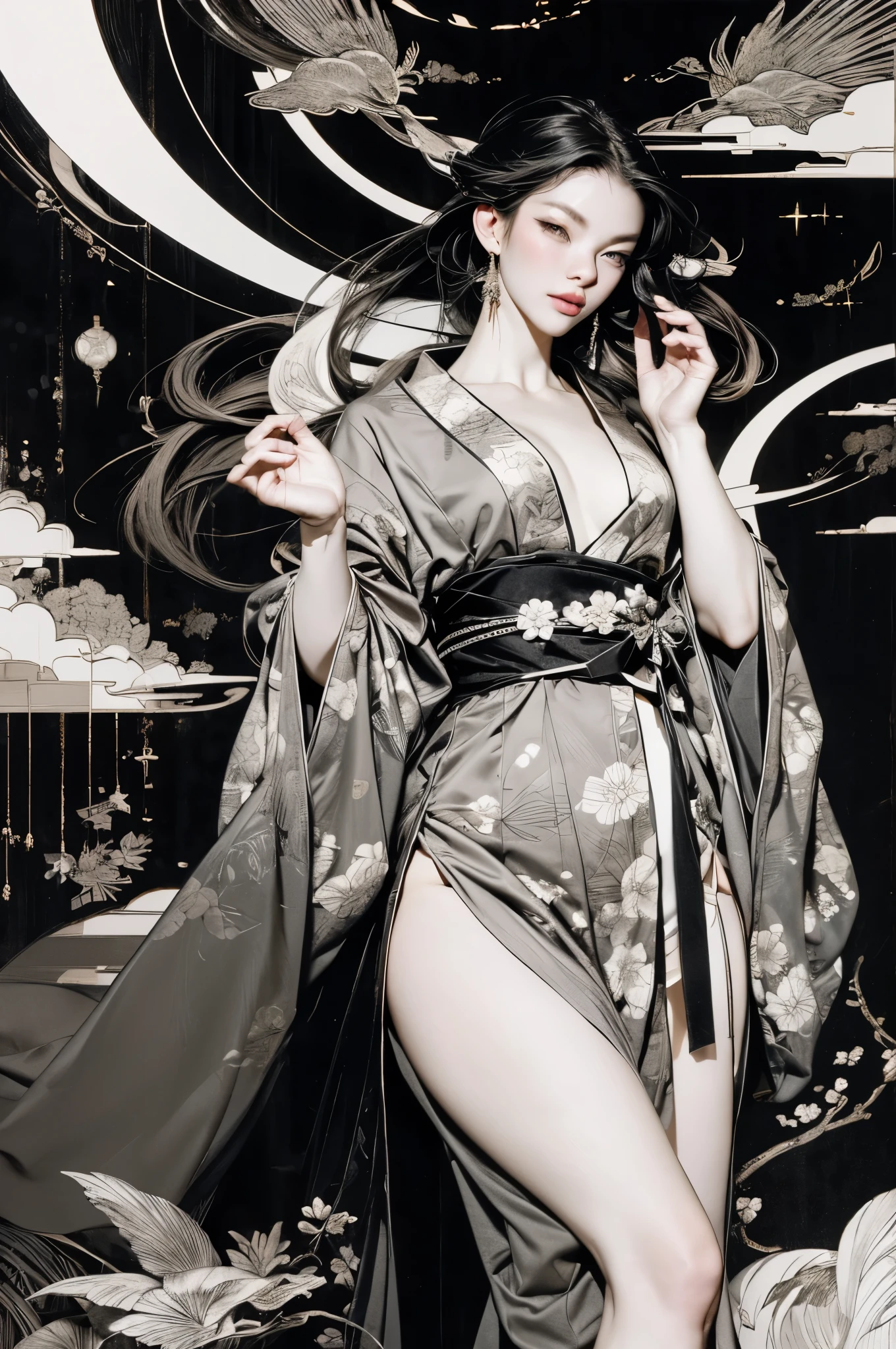 Umalinda warrior sexy, pretty face, Delicious Company, Alluring figure, Wearing a sexy open kimono. The artwork is created in a medium reminiscent of Japanese ink paintings....., 具有大胆的笔触和Monochromatic color palette. artist&#39;Masterful technique reveals the intensity and power of the image&#39;sense of presence，with the highest quality, Perfectly capture every detail with ultra-high resolution. Textures and intricate patterns on kimonos are rendered with extreme precision. Lighting is carefully designed，Enhance drama, Features deep shadows and subtle highlights. General, The artwork exudes elegance and power, Combining traditional Japanese aesthetics with a modern feel. Monochromatic color palette, Combine details, Create captivating and immersive experiences for your audience.