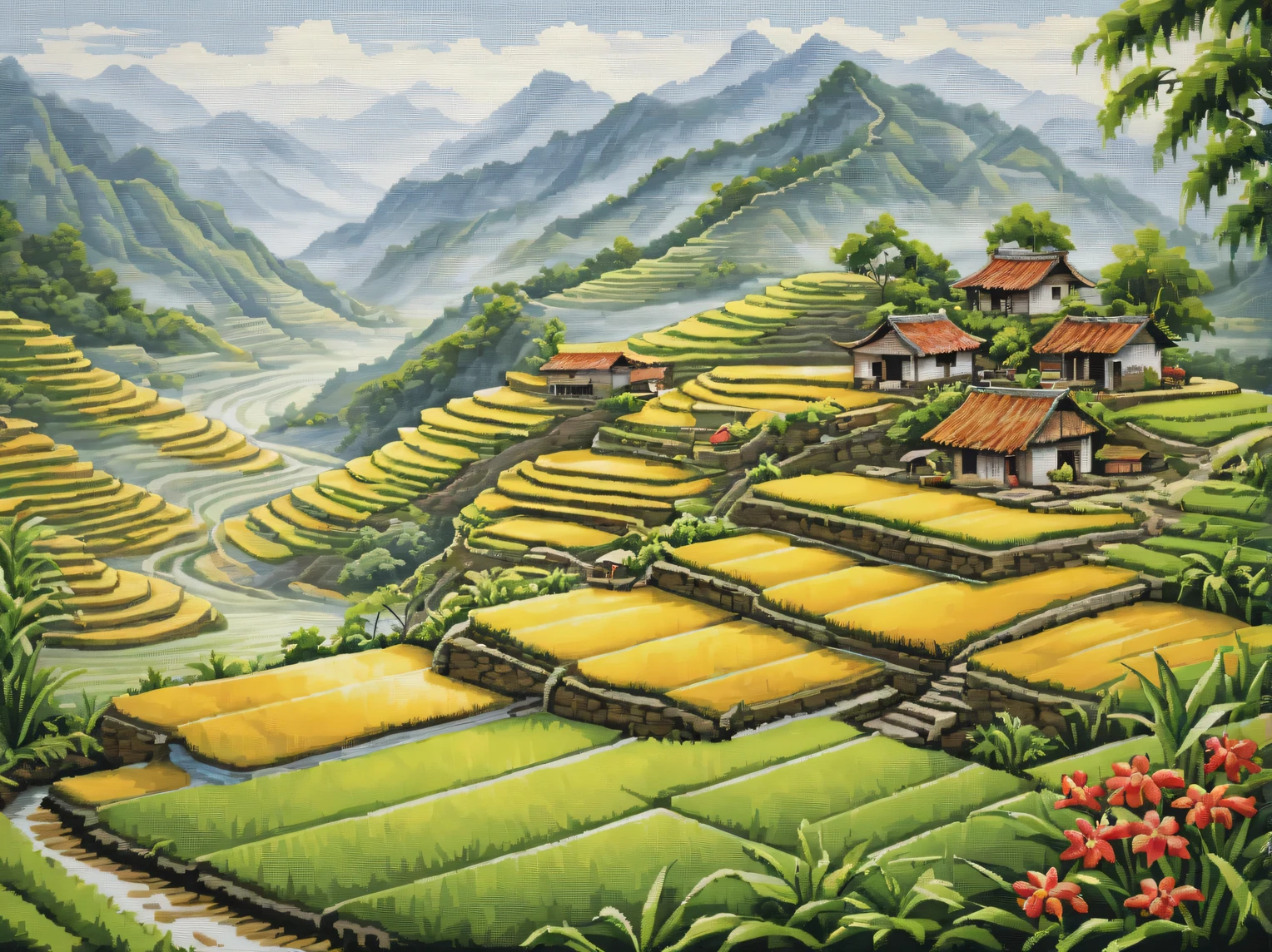 Cinematic still from a science-fiction film directed by David Yates., anthropomorphic pandas in wide hats from other worlds plant rice in rice fields, panda rice farmers, Cheerful atmosphere, cinematic treatment, ray tracing, daylight, cinematic realism, 32K