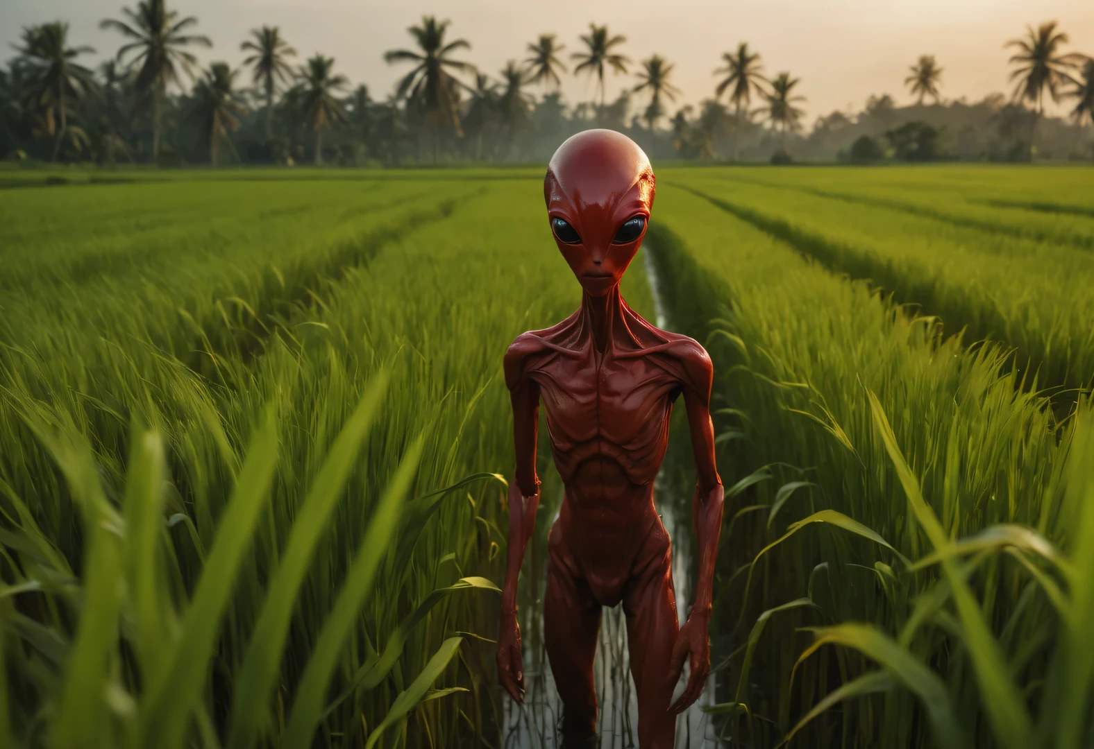 Cinematic still from a science fiction film directed by James Cameron, unusual slender red aliens from other worlds grow rice in rice fields, red aliens shown in detail, Mysterious atmosphere, cinematic treatment, ray tracing, daylight, cinematic realism, 32K
