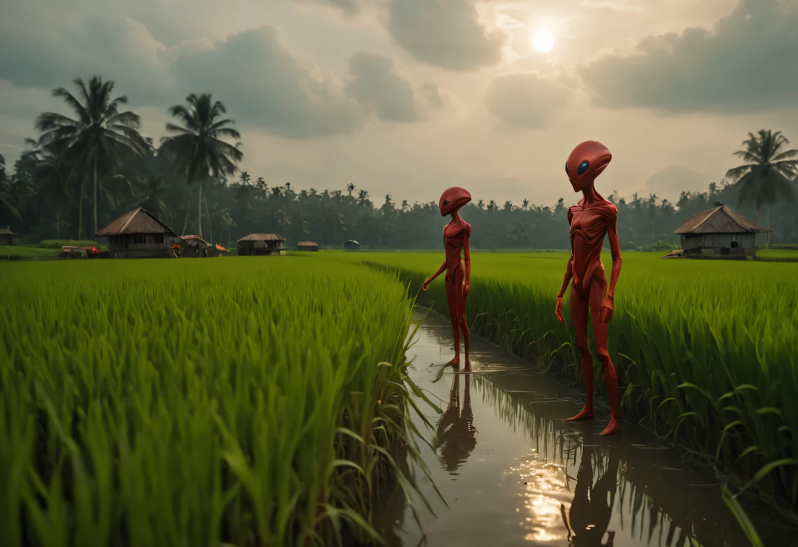 Cinematic still from a science-fiction film directed by David Yates., anthropomorphic pandas in wide hats from other worlds plant rice in rice fields, panda rice farmers, Cheerful atmosphere, cinematic treatment, ray tracing, daylight, cinematic realism, 32K