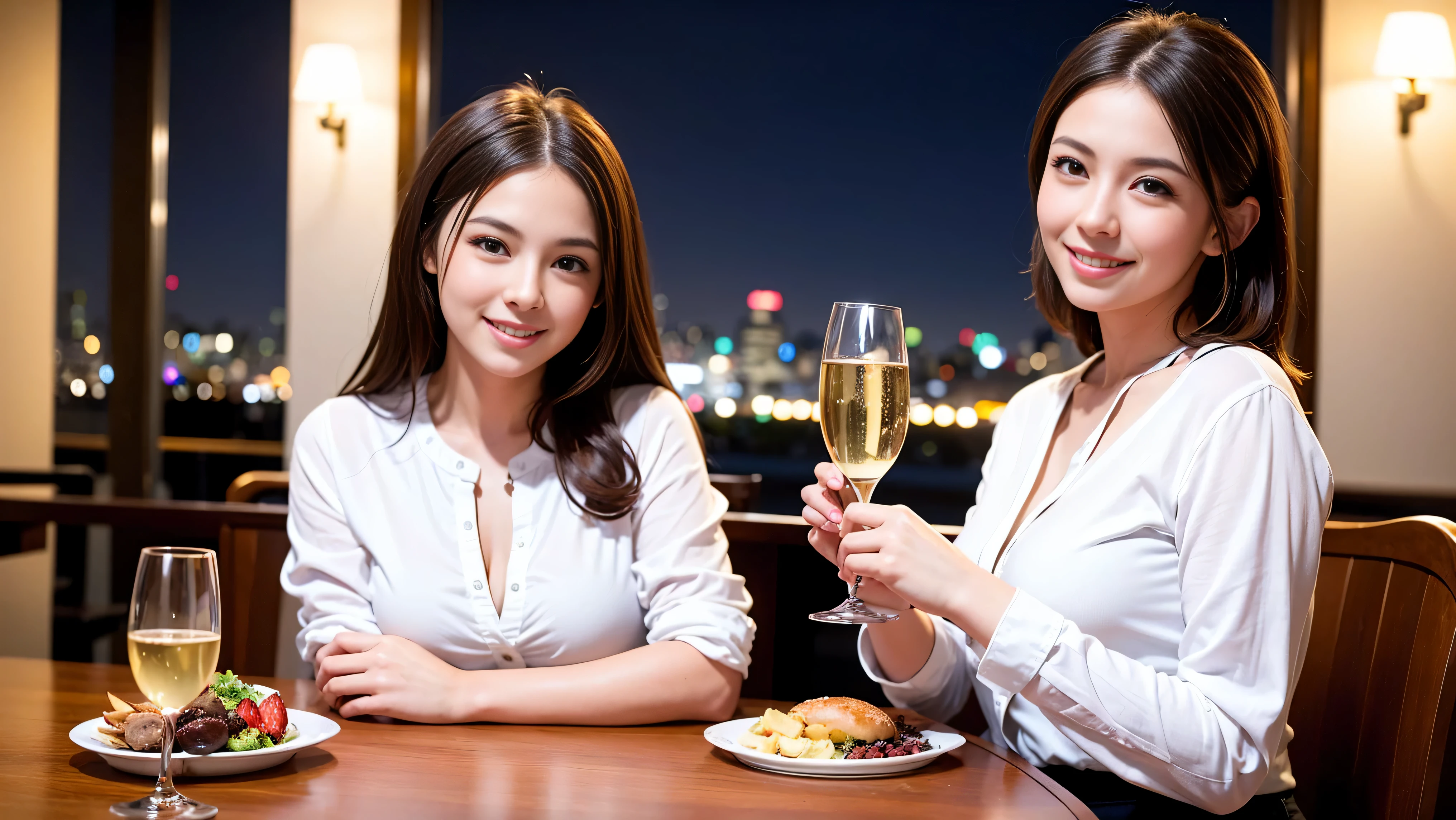 (including 64k, nffsw, highest quality, table top: 1.2), (realistic, photorealistic: 1.37),amazing view of the evening sky, cloud, and rainbow、best scenery、amazing sunset view、 long sleeve shirt、winter fashion、Columbia、Brazilian、Japanese、Dutch、German、Portuguese、Belgian、Italian、French,Champagne、sparkling wine、 (slimフェイス), (slimボティ), (brown hair), (shortcut), neat beauty、cheeks turn a little red, (35 years old), 38 years old, alone, 窓の外には美しく緻密なnight景が広がります., restaurant, wine glassが座っている, nightに, in a prominent place (from the Upper body) nova frog style, actress, model, Upper body, White wine, slim, wine glass, Super Clean night View, wine glass Put in the Middle, Happy smile, (smile: 1.15), beautiful and detailed eyes, Upper body, bust japan up, night, short, short, actress, model, Upper body, White wine, slim, wine glass, Super Clean night View, wine glass Put in the Middle, Happy smile,