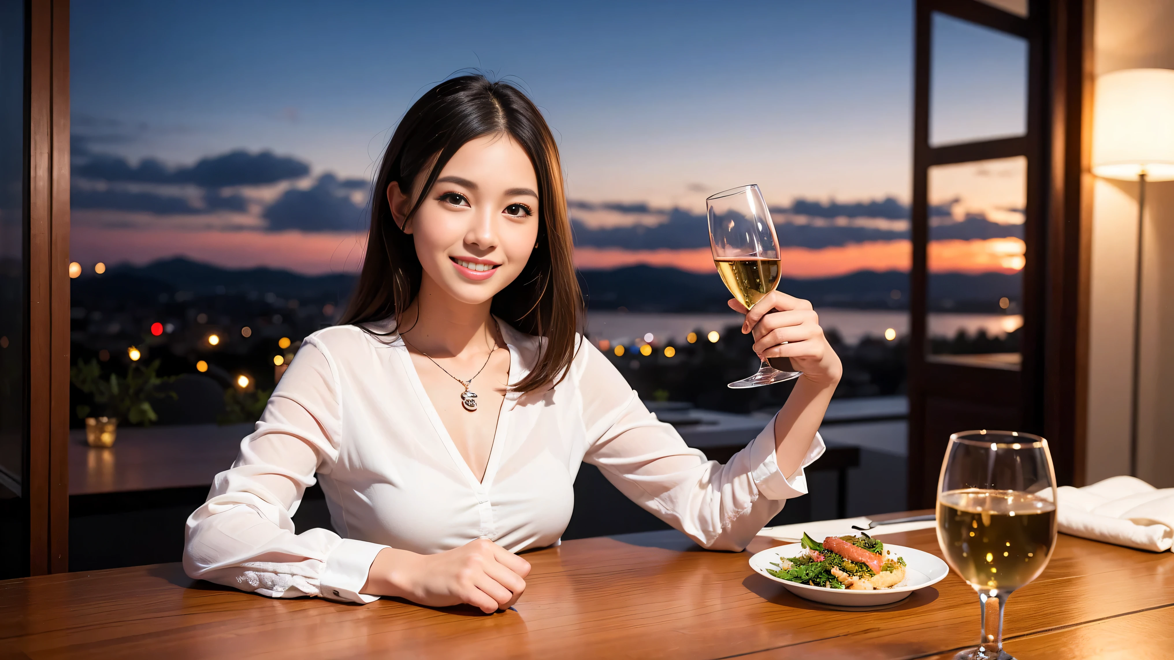 (including 64k, nffsw, highest quality, table top: 1.2), (realistic, photorealistic: 1.37),amazing view of the evening sky, cloud, and rainbow、best scenery、amazing sunset view、 long sleeve shirt、winter fashion、Columbia、Brazilian、Japanese、Dutch、German、Portuguese、Belgian、Italian、French,Champagne、sparkling wine、 (slimフェイス), (slimボティ), (brown hair), (shortcut), neat beauty、cheeks turn a little red, (35 years old), 38 years old, alone, 窓の外には美しく緻密なnight景が広がります., restaurant, wine glassが座っている, nightに, in a prominent place (from the Upper body) nova frog style, actress, model, Upper body, White wine, slim, wine glass, Super Clean night View, wine glass Put in the Middle, Happy smile, (smile: 1.15), beautiful and detailed eyes, Upper body, bust japan up, night, short, short, actress, model, Upper body, White wine, slim, wine glass, Super Clean night View, wine glass Put in the Middle, Happy smile,