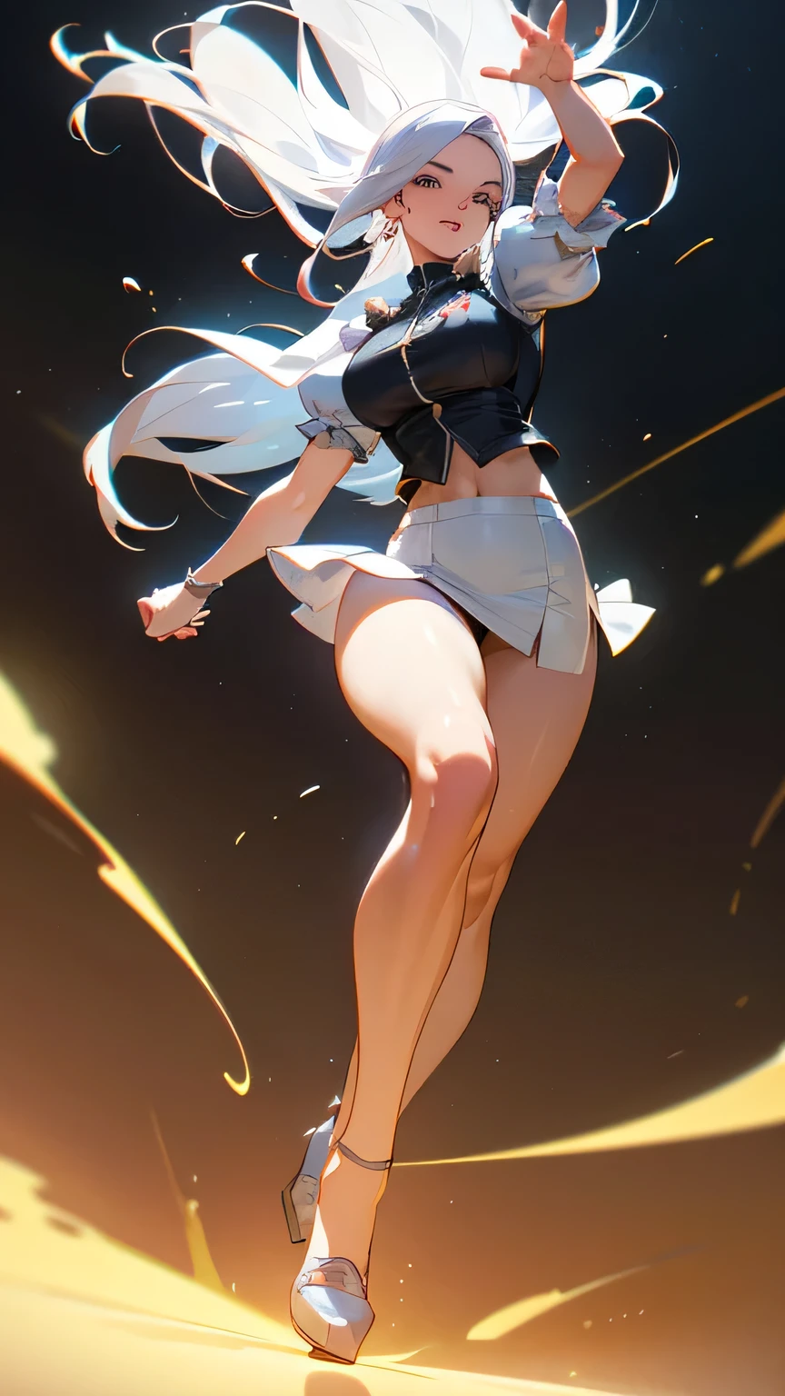 Photorealistic full-body portrait of a 30-year-old, curvaceous woman, a candid shot. The woman is fashionable, American, with athletic physique. Tasteful natural makeup. Long silver hair blowing in the wind. Colorful clothes. Haute couture. Short skirt, fabulous shoes. High-waisted. Puff sleeves. Punk vest, shoulderless. Playful expression. Winsome, goofy attitude. Defiant, masculine pose. Blank background. Ultra realistic, 8k HD, super detailed, ultra depth of field, dramatic lighting, cinematic lighting, (aesthetic body) ((Ultra Long Exposure Photography)) high quality, highly detailed, ultra detailed,