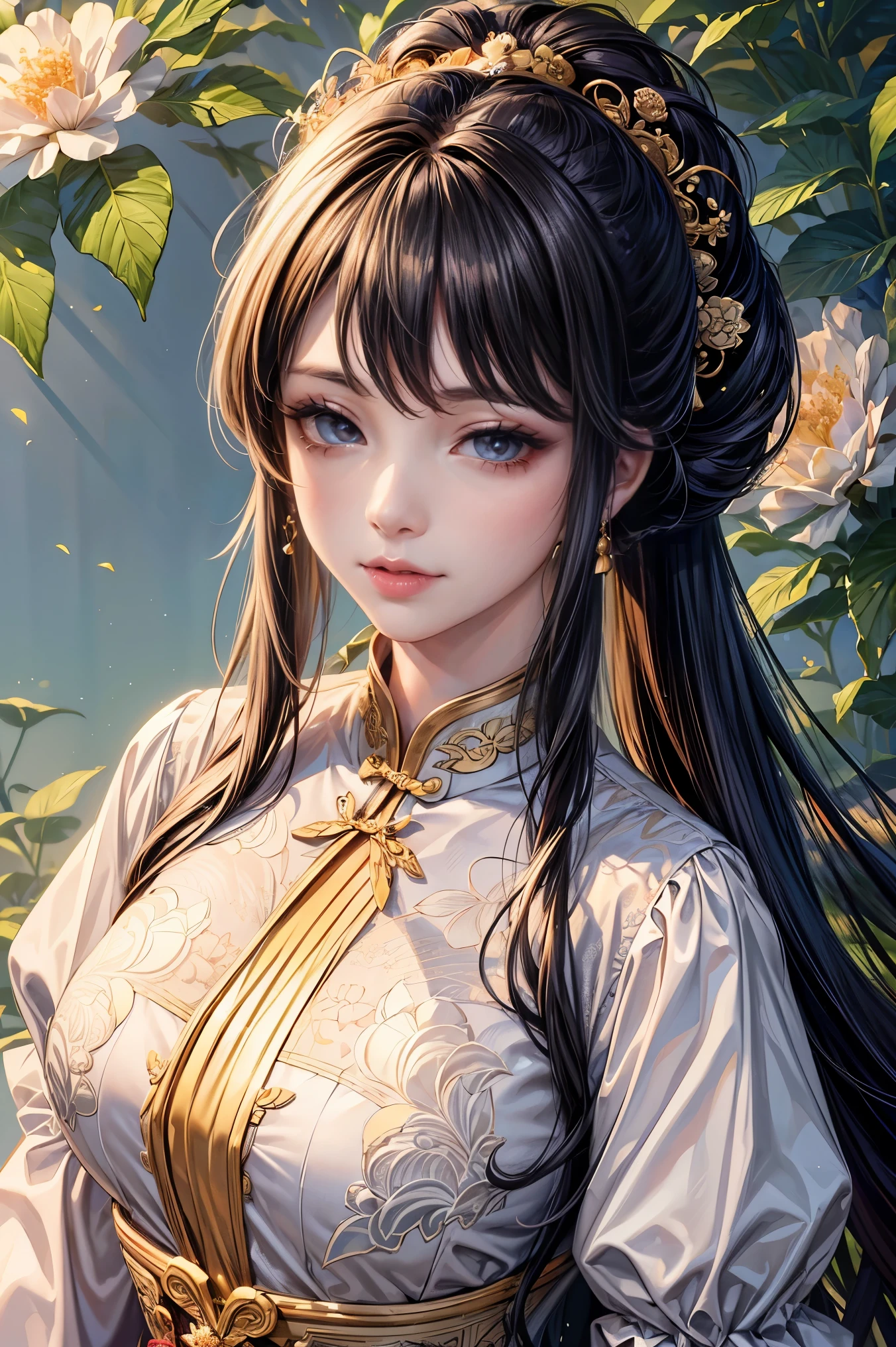 (best quality,8k,CG),Upper body details,cheongsam,lace,exquisite girl,Floral forest background,complex facial features,Elegant double ponytail long curly hair,Large almond-shaped eyes,Detailed eye makeup,long eyelashes,,Exquisite lip details,Soft and harmonious style.