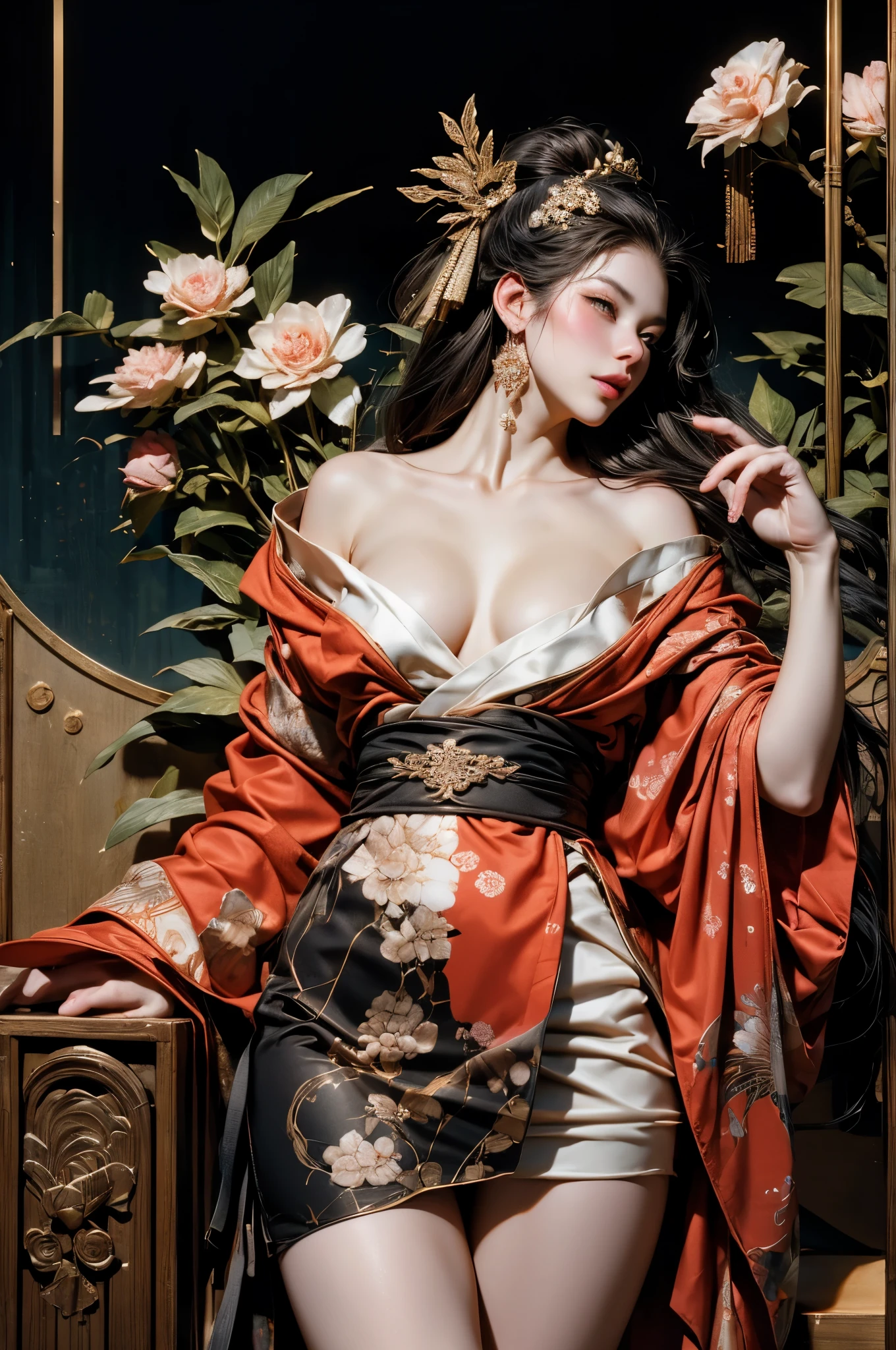 Umalinda warrior sexy, pretty face, Delicious Company, Alluring figure, Wearing a sexy open kimono. The artwork is created in a medium reminiscent of Japanese ink paintings....., 具有大胆的笔触和Monochromatic color palette. artist'Masterful technique reveals the intensity and power of the image'sense of presence,with the highest quality, Perfectly capture every detail with ultra-high resolution. Textures and intricate patterns on kimonos are rendered with extreme precision. Lighting is carefully designed,Enhance drama, Features deep shadows and subtle highlights. General, The artwork exudes elegance and power, Combining traditional Japanese aesthetics with a modern feel. Monochromatic color palette, Combine details, Create captivating and immersive experiences for your audience.