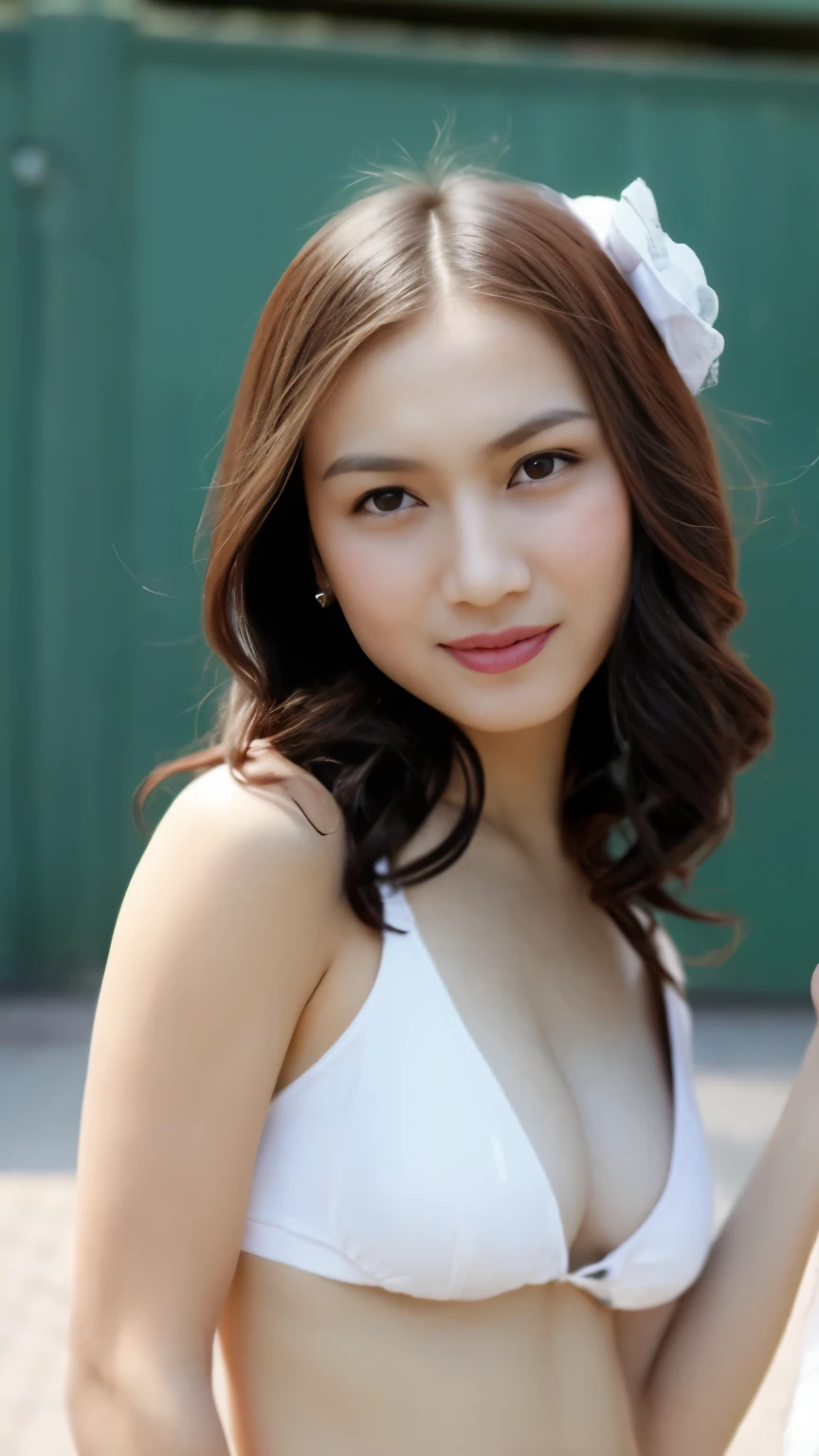 photo of a girl,  jkt48 uniform, solo focus, hand on hips, posing for a photo, (detailed face), melodyjkt48, sexy outfit, tank top, underwear, nude, no clothes, top less