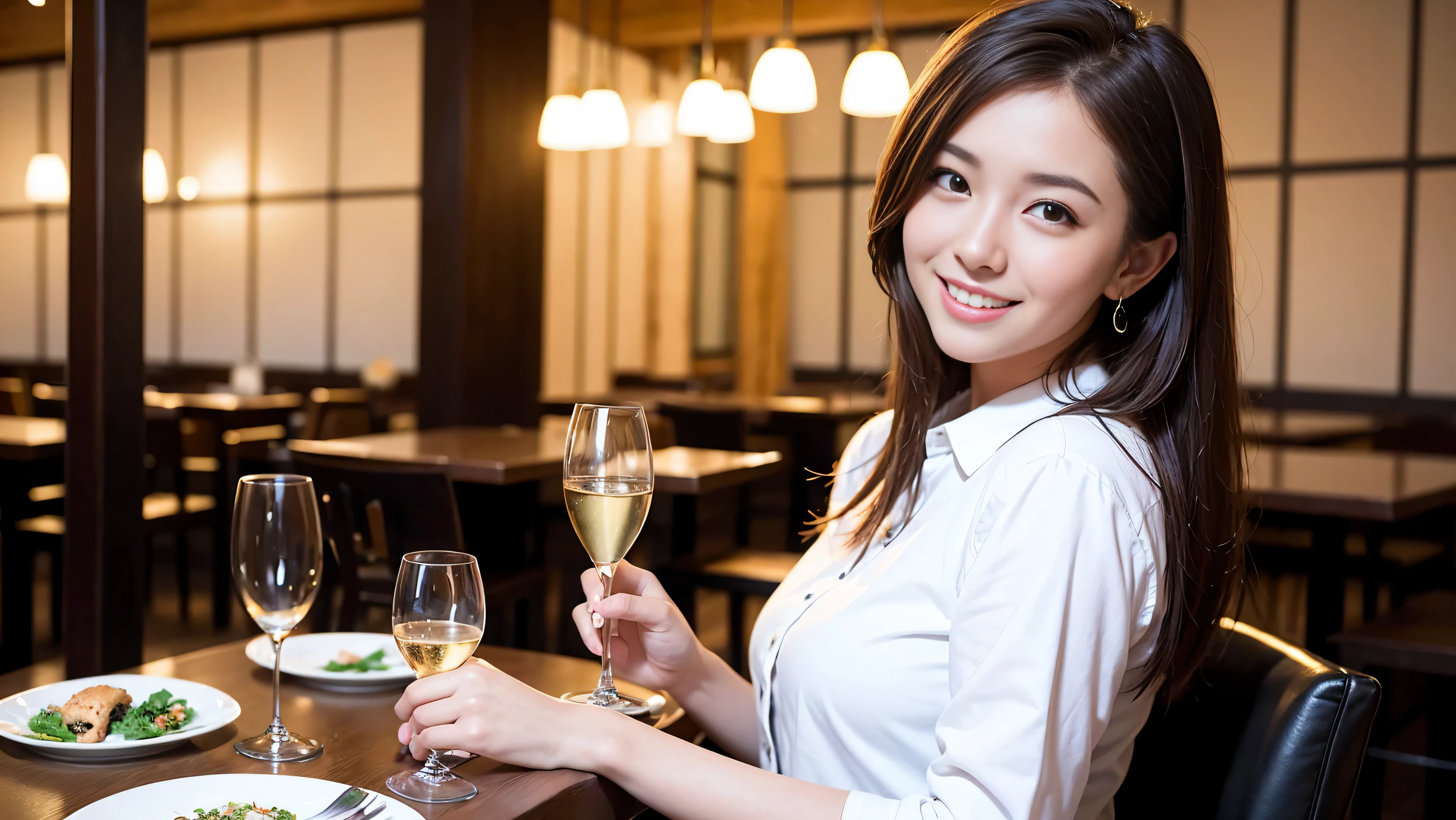 (including 64k, nffsw, highest quality, table top: 1.2), (realistic, photorealistic: 1.37), Spectacular view of the sunset sky and clouds、Amazing mountain views、long sleeve shirt、winter fashion、Columbia、Brazilian、Japanese、Dutch、German、Portuguese、Belgian、Italian、French,Champagne、sparkling wine、 (slimフェイス), (slimボティ), (brown hair), (shortcut), neat beauty、cheeks turn a little red, (35 years old), 38 years old, alone, 窓の外には美しく緻密なnight景が広がります., restaurant, wine glassが座っている, nightに, in a prominent place (from the Upper body) nova frog style, actress, model, Upper body, White wine, slim, wine glass, Super Clean night View, wine glass Put in the Middle, Happy smile, (smile: 1.15), beautiful and detailed eyes, Upper body, bust japan up, night, short, short, actress, model, Upper body, White wine, slim, wine glass, Super Clean night View, wine glass Put in the Middle, Happy smile,