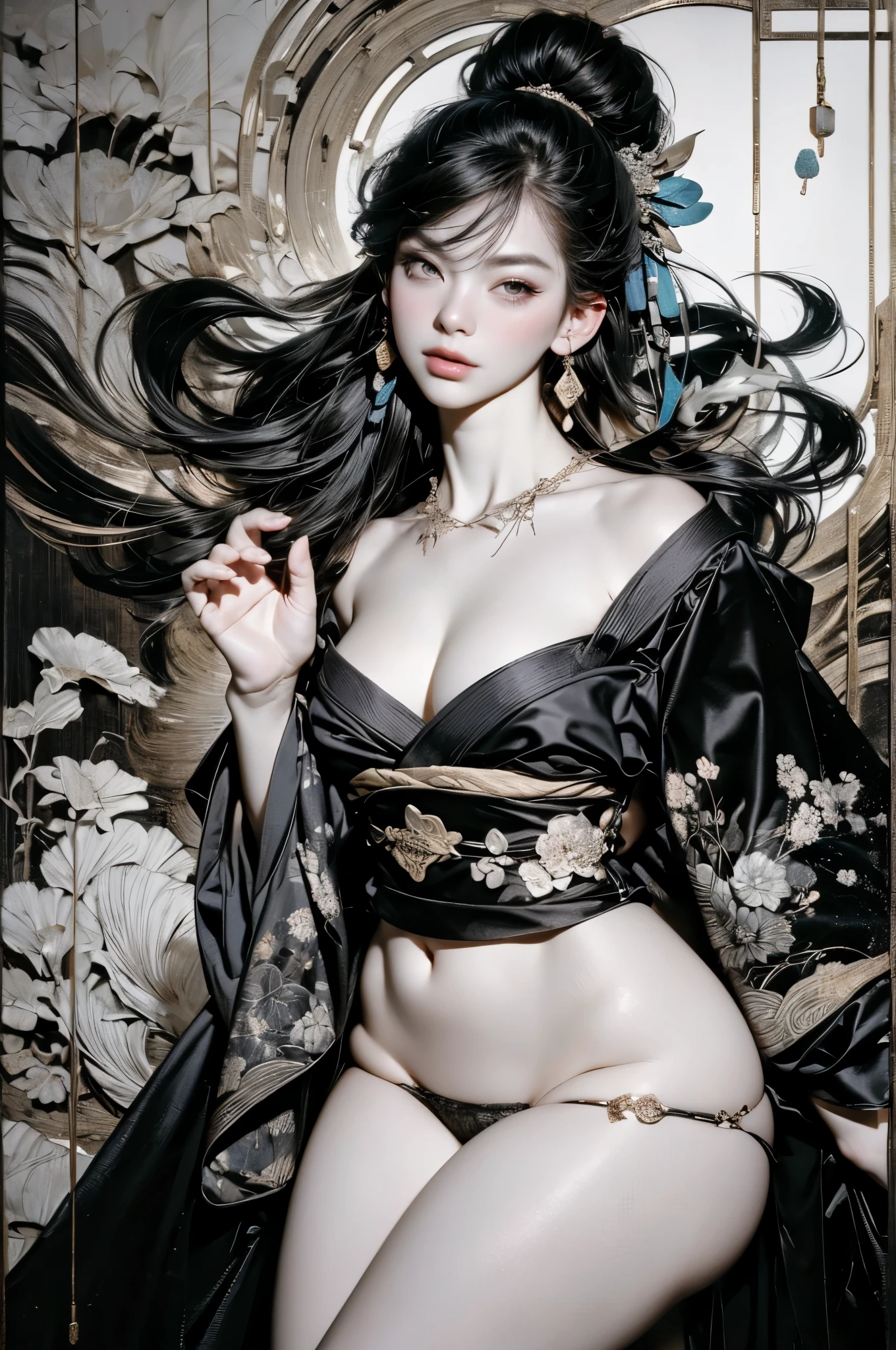 Umalinda warrior sexy, pretty face, Delicious Company, Alluring figure, Wearing a sexy open kimono. The artwork is created in a medium reminiscent of Japanese ink paintings....., 具有大胆的笔触和Monochromatic color palette. artist&#39;Masterful technique reveals the intensity and power of the image&#39;sense of presence，with the highest quality, Perfectly capture every detail with ultra-high resolution. Textures and intricate patterns on kimonos are rendered with extreme precision. Lighting is carefully designed，Enhance drama, Features deep shadows and subtle highlights. General, The artwork exudes elegance and power, Combining traditional Japanese aesthetics with a modern feel. Monochromatic color palette, Combine details, Create captivating and immersive experiences for your audience.