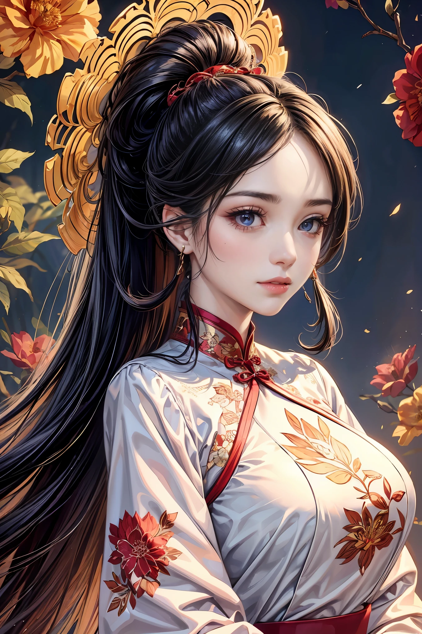 (best quality,8k,CG),Upper body details,cheongsam,lace,exquisite girl,Floral forest background,complex facial features,Elegant double ponytail long curly hair,Large almond-shaped eyes,Detailed eye makeup,long eyelashes,,Exquisite lip details,Soft and harmonious style.