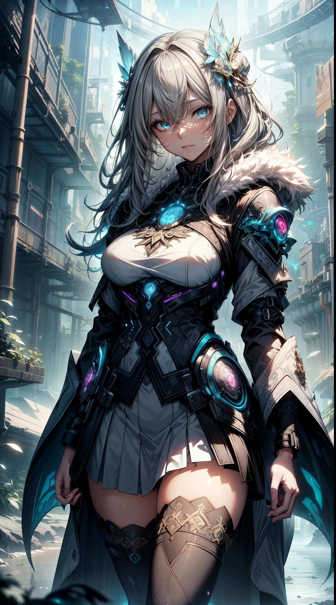 cyan futuristic fairy priestess girl in coverall armored suit (((skirt))) (((robe))) with relic pendant necklace, (layered robe), magic, ((lacy)), futurism, cyberpunk, silk, fur, (stockings), natural breasts, slim body, zettai ryouiki, ((((medium length dull hair)))), dull hair, (beautiful detailed bright light eyes), portrait, (beautiful and aesthetic:1.2, fractal art:1.4), most realistic, hyper-realistic, RAW, highest quality, best quality, Detailed, Realistic, 4k highly detailed digital art, octane render, bioluminescent, (cool_color), best pixels, 8k ultra, extremely detailed CG unity 8k wallpaper, cinematic lighting