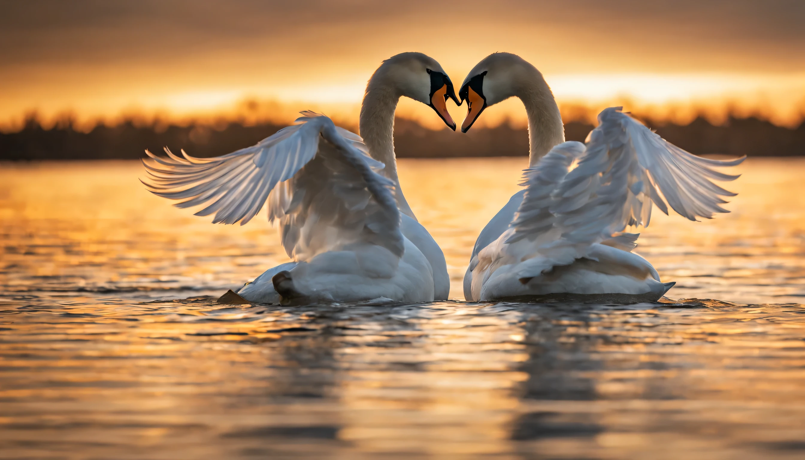 photo of a swan couple making a heart shape, love swan, swan spreading its wings, sea of love, sparkling hearts