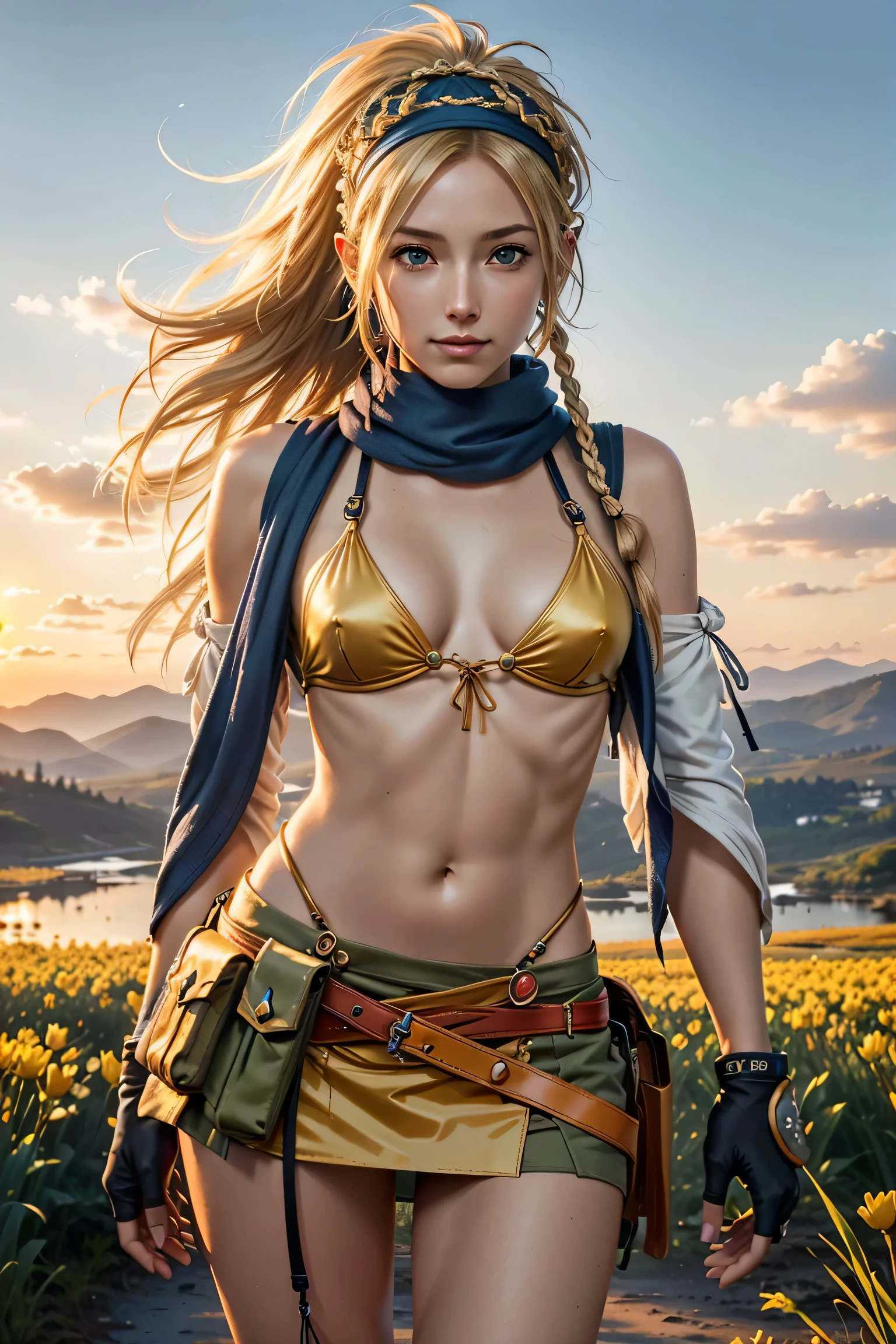 (masterpiece, highest quality:1.3)
backpack ff10,  1 girl, alone, long hair, chest, skirt, blonde hair, hair ornaments, gloves, belly button, green eyes, swimsuit, Braid, bikini, removed sleeve, null, Day, cloud, miniskirt, fingerless gloves, scarf, head band, bird, bikini top only, @_@, yellow bikini, blue head band,super high quality,super high quality,masterpiece,digital single lens reflex,realistic,Detailed details,vivid details,depicted in detail,detailed face,Detailed details,Super detailed,realistic skin texture,based on anatomical basis,perfect anatomy,anatomically correct hand,anatomically correct fingers,Complex 3D rendering,sexy pose,beautiful yellow tulip field,Final Fantasy Worldview,幻想的な夕Day,幻想的な夕Day,beauty like a painting,smile,enchanting beauty,phantom river,