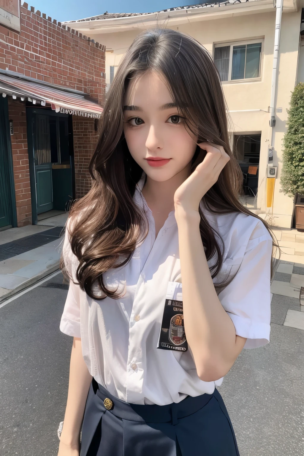 1 girl posing in front of a school