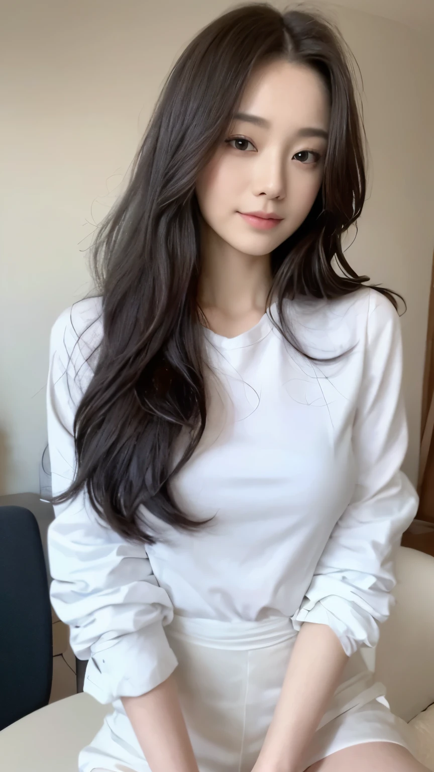 ((top-quality、8k、masterpiece:1.3))、Beautiful woman with perfect body:1.4、slim abdomen:1.2、Longhair, normal breast, Highly detailed facial and skin texture, A detailed eye, delicate eyes, double eyelid, (smile), (full body shot), ((office)), (sitting on chair), ((wearing white uniform 1.1), looking in front